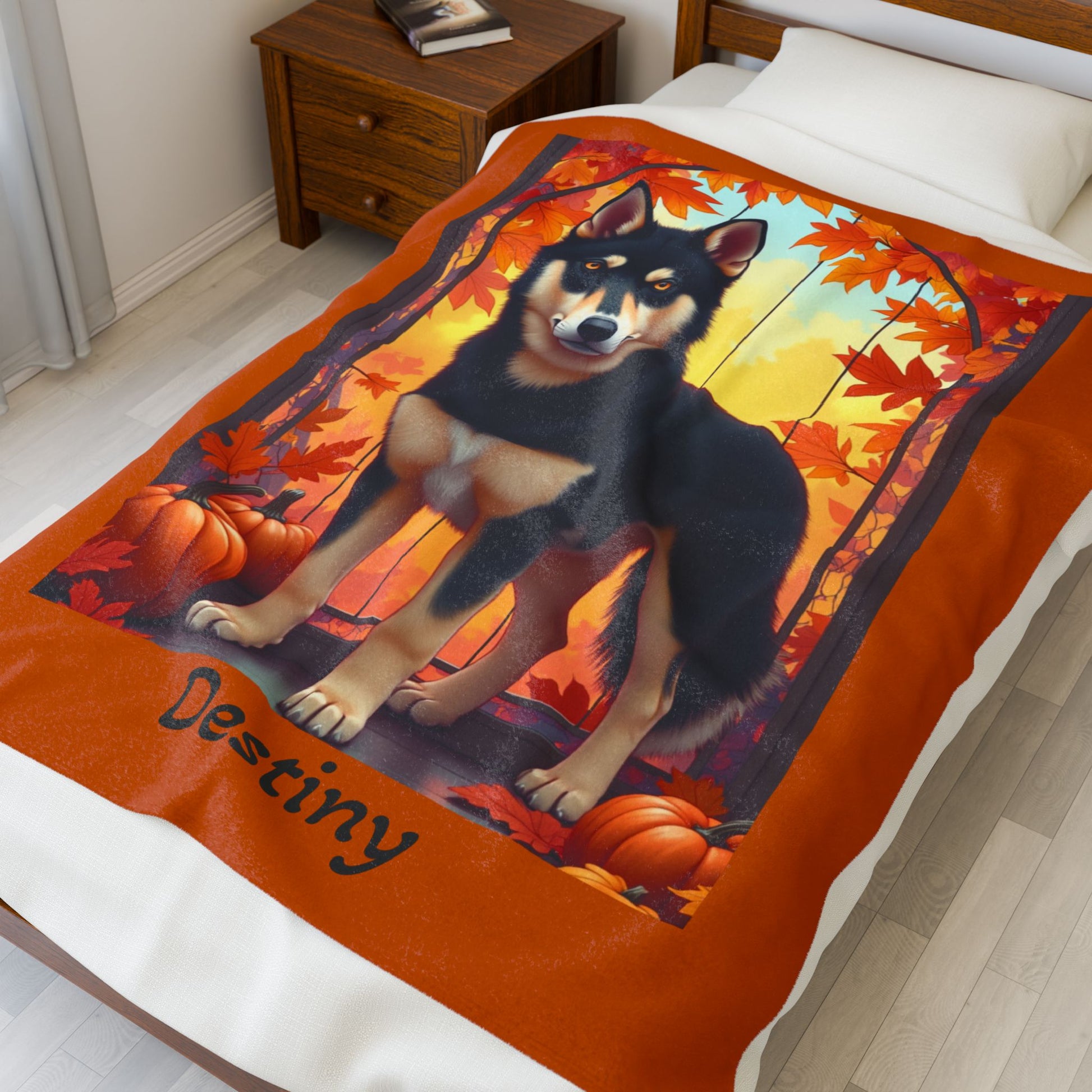 Siberian Husky Black & Tan Coat (Amber Eyes) Velveteen Blanket, Custom Plush Dog Throw