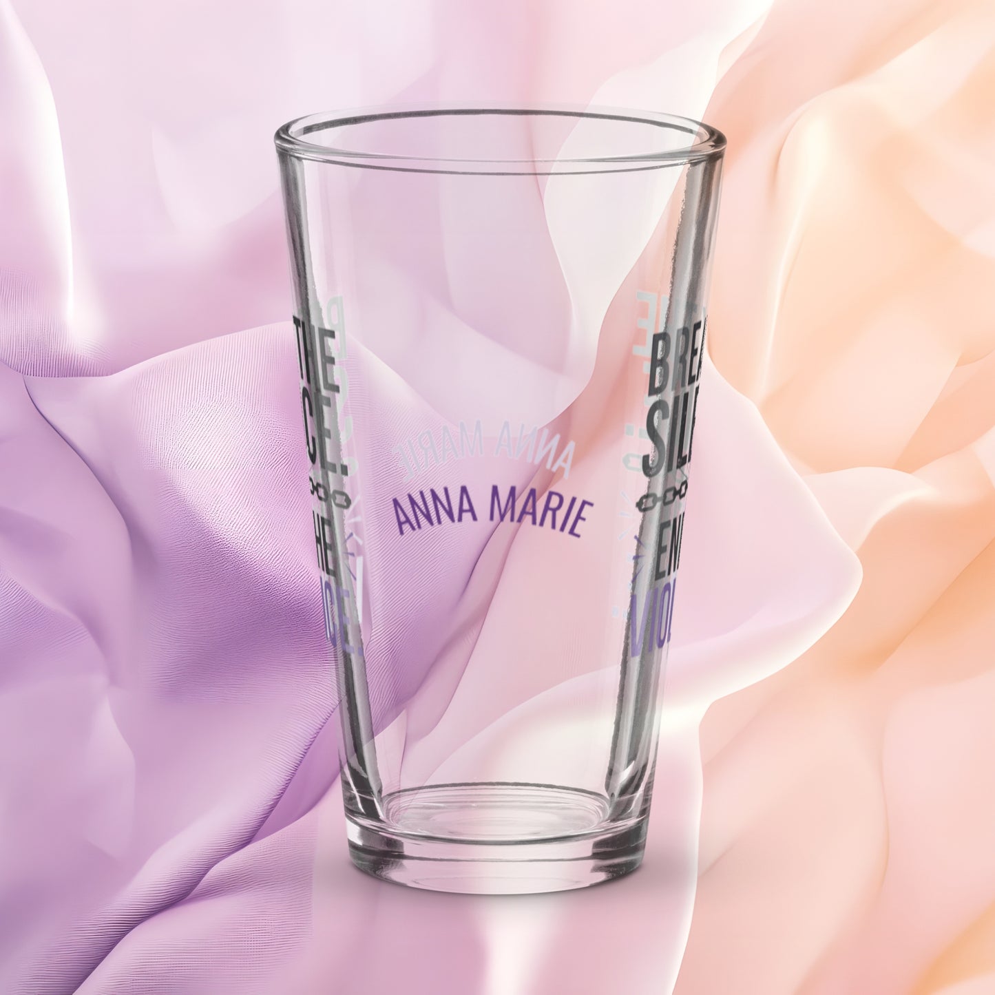 Break the Silence End the Violence pint glass, bold survivor empowerment drinkware, abuse awareness design