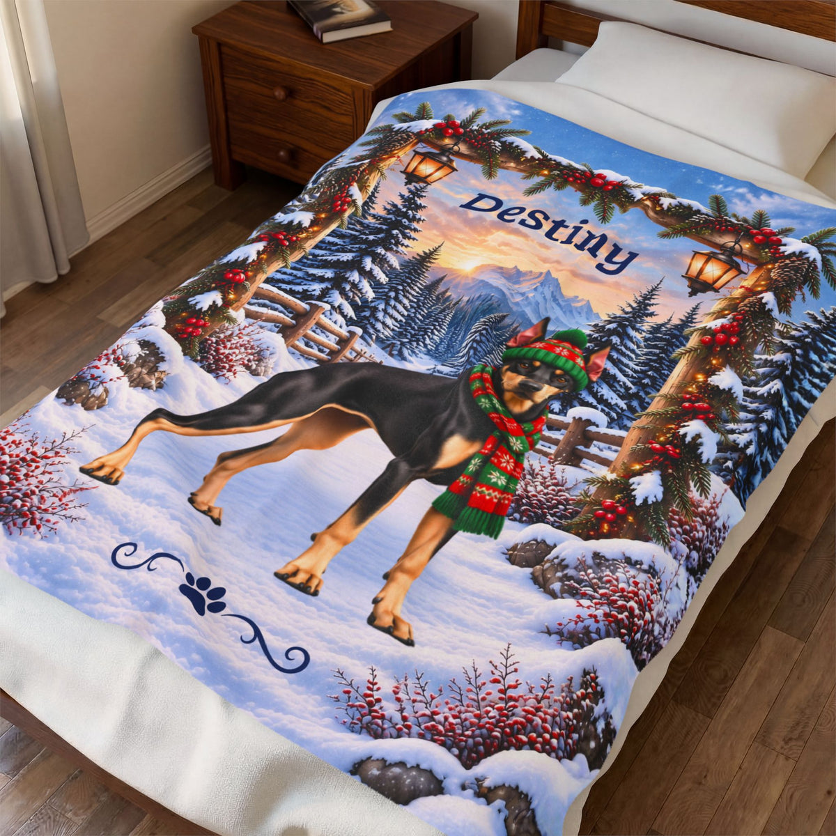 Doberman (Black & Fawn Coat) - Personalized Winter Blanket, Snowy Mountain Velveteen Throw