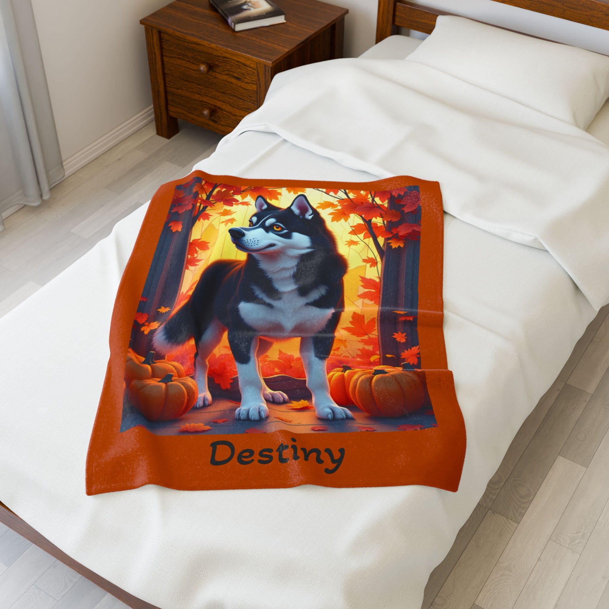 Siberian Husky Black & White Coat (Amber Eyes) Velveteen Blanket, Custom Dog Lover Throw