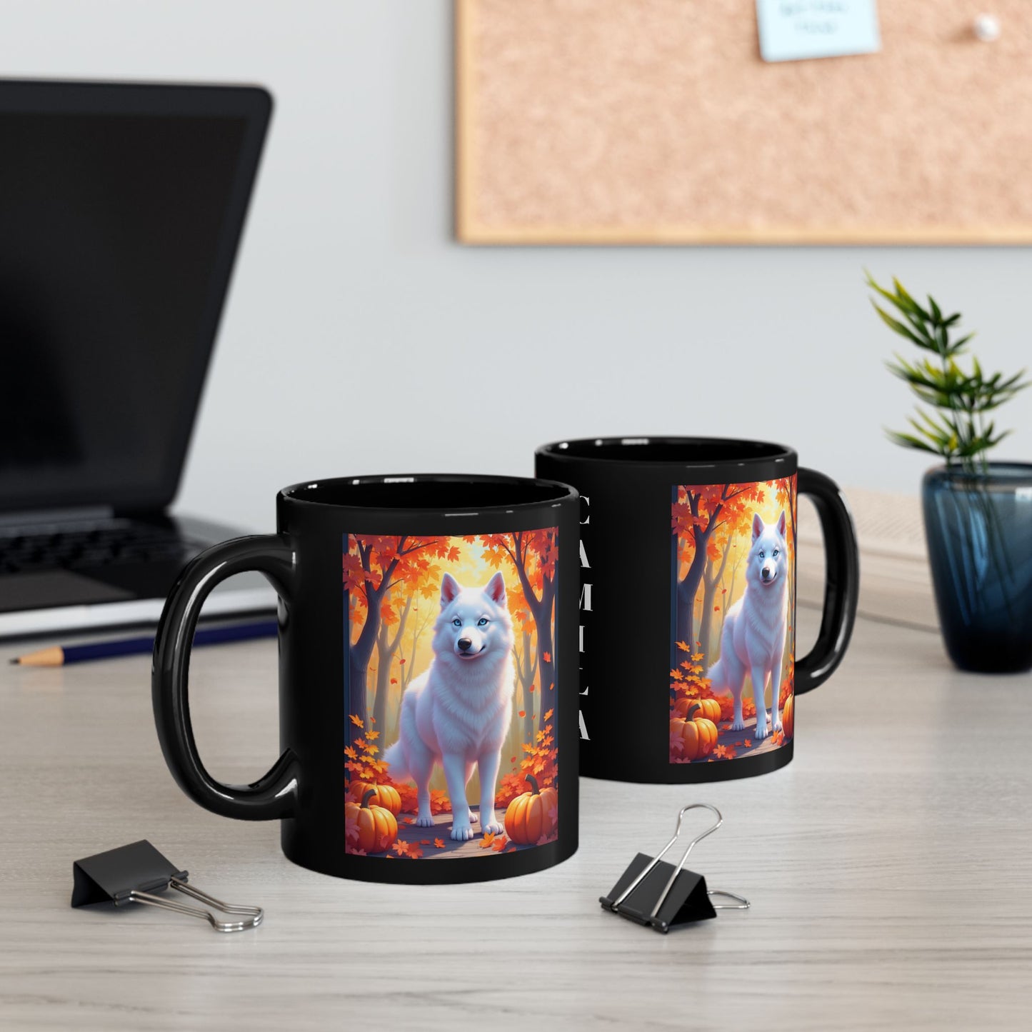 White Siberian Husky autumn coffee mug, personalized fall dog lover gift for coffee or tea enthusiasts