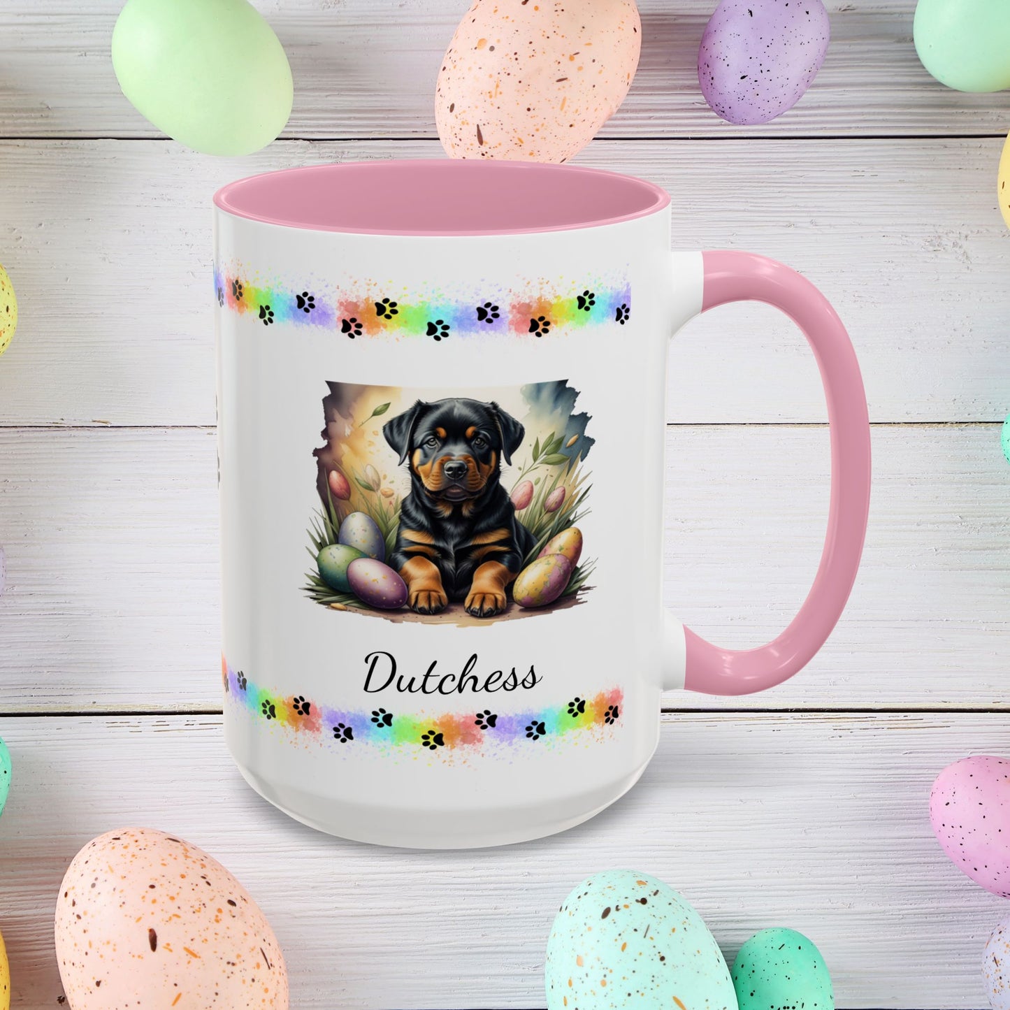 Rottweiler Easter puppy coffee mug personalized dog design, thoughtful gift for self-care and mental health awareness.