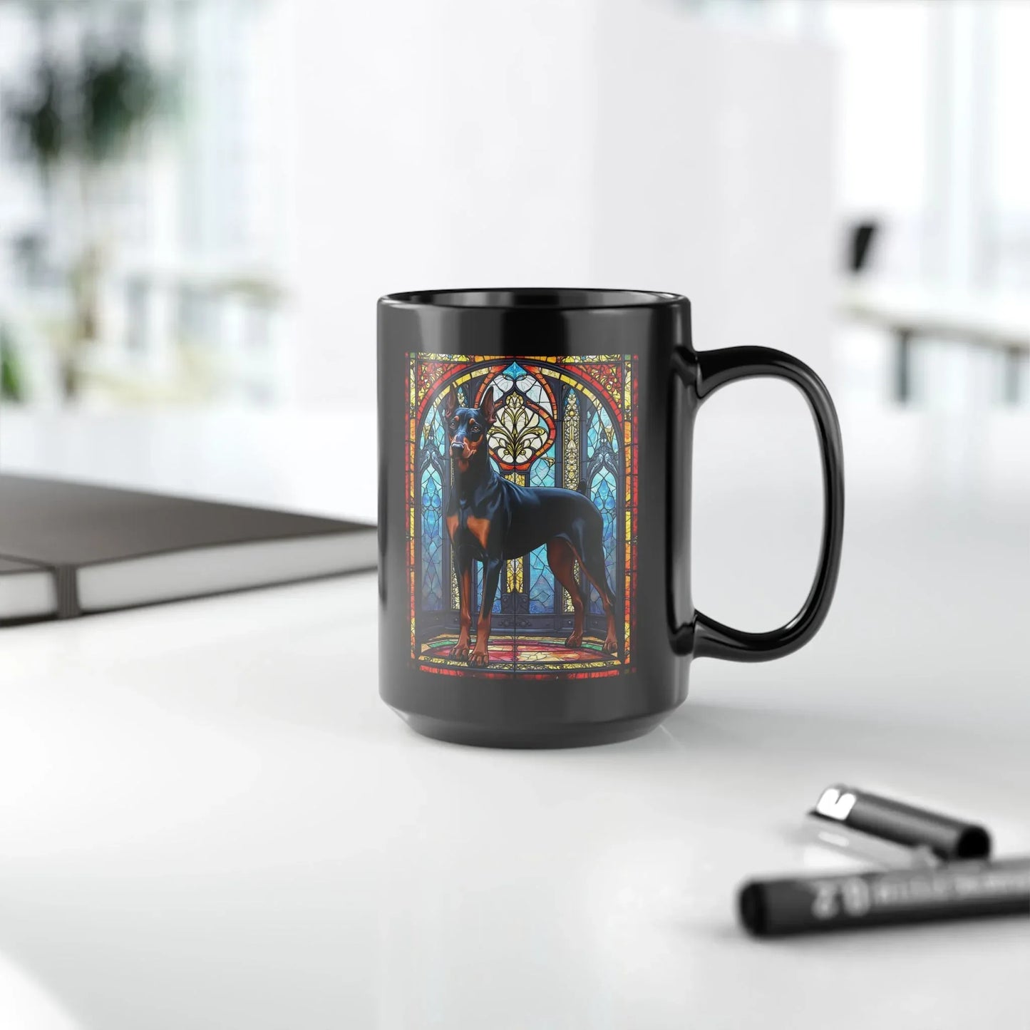 Shop our premium doberman pinscher black rust personalized mug with stained glass design 11oz 15oz from MySisterIsASurvivor.