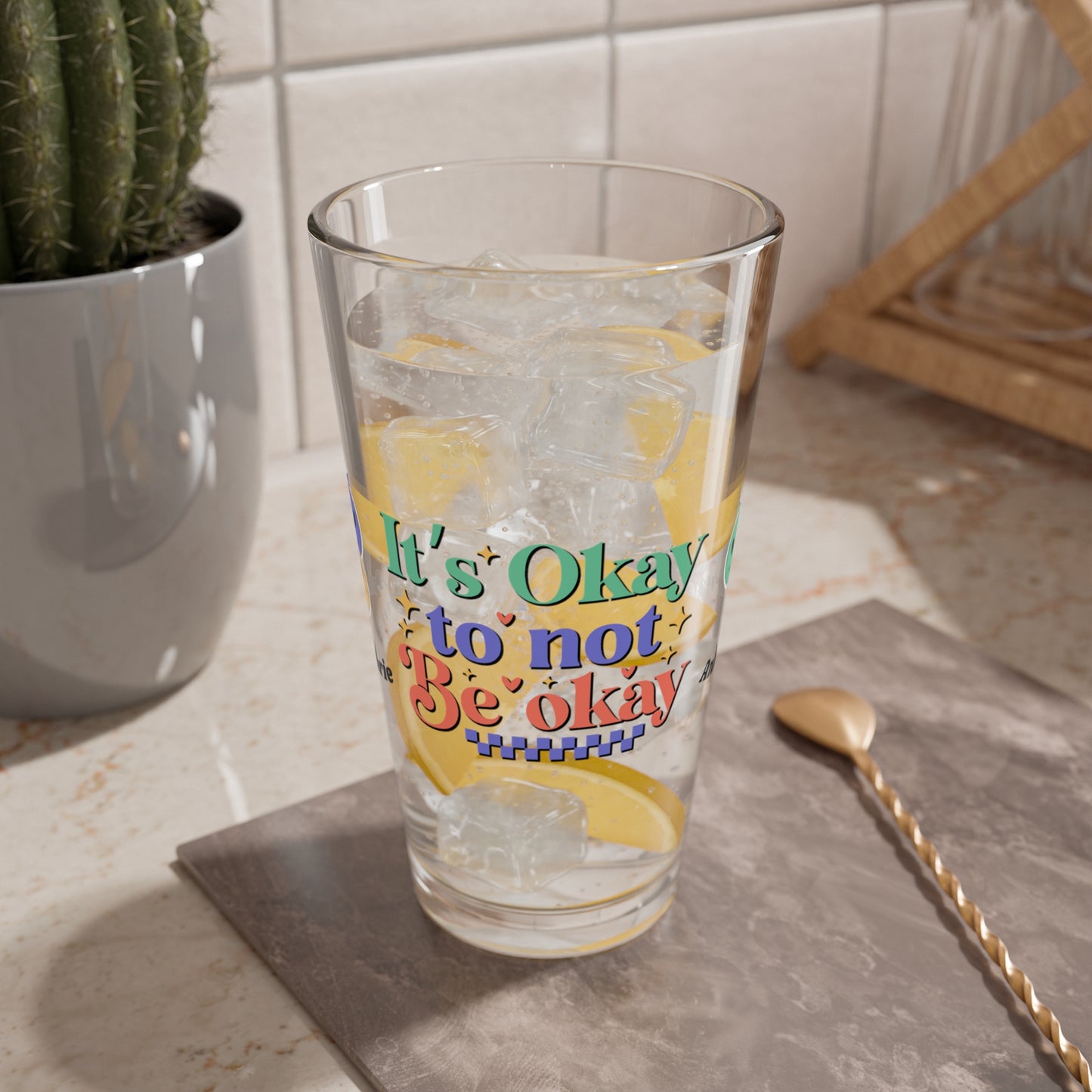 It’s Okay to Not Be Okay retro mental health pint glass with personalized support message
