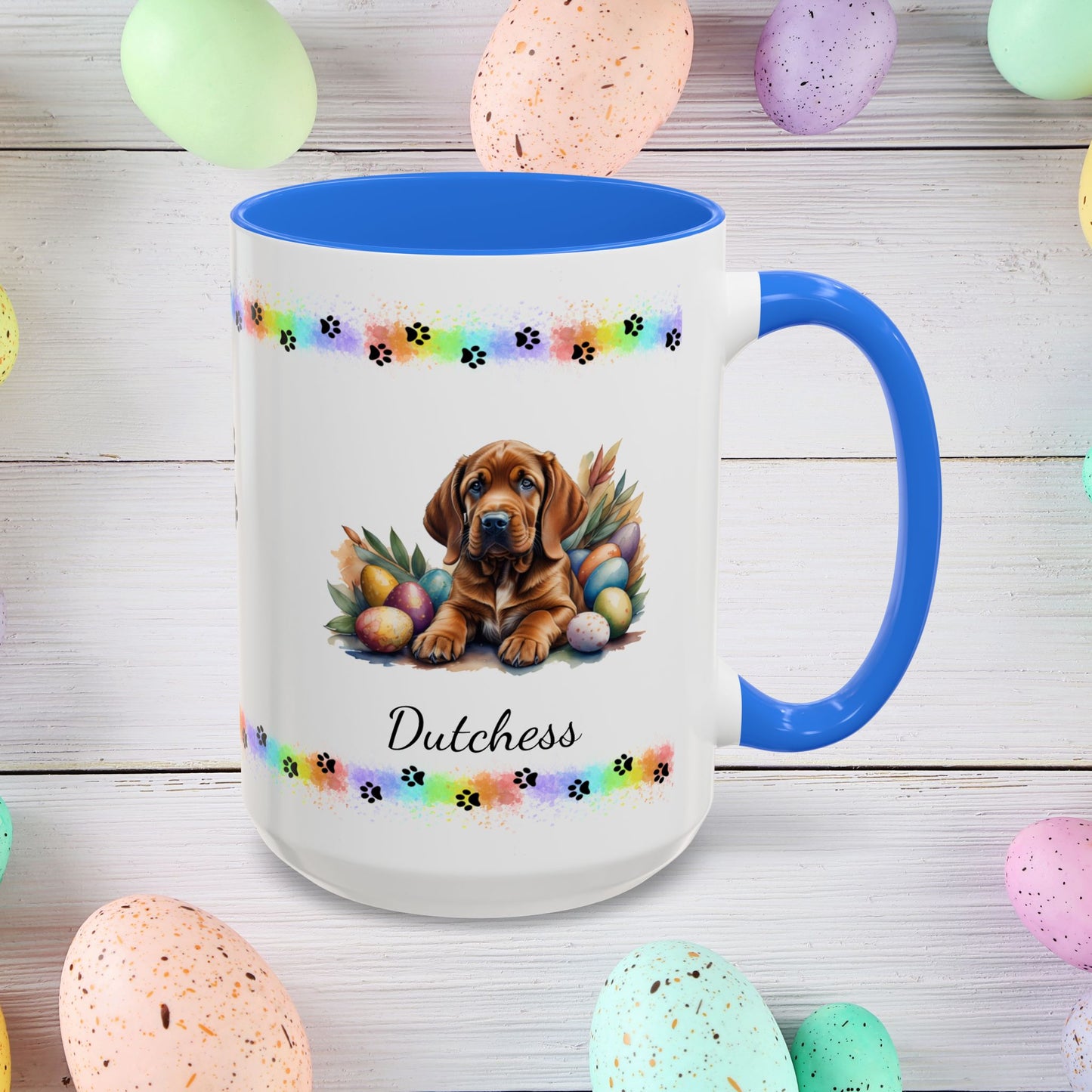 Bloodhound personalized Easter puppy mug, cute dog coffee cup gift for mental health awareness and dog lovers