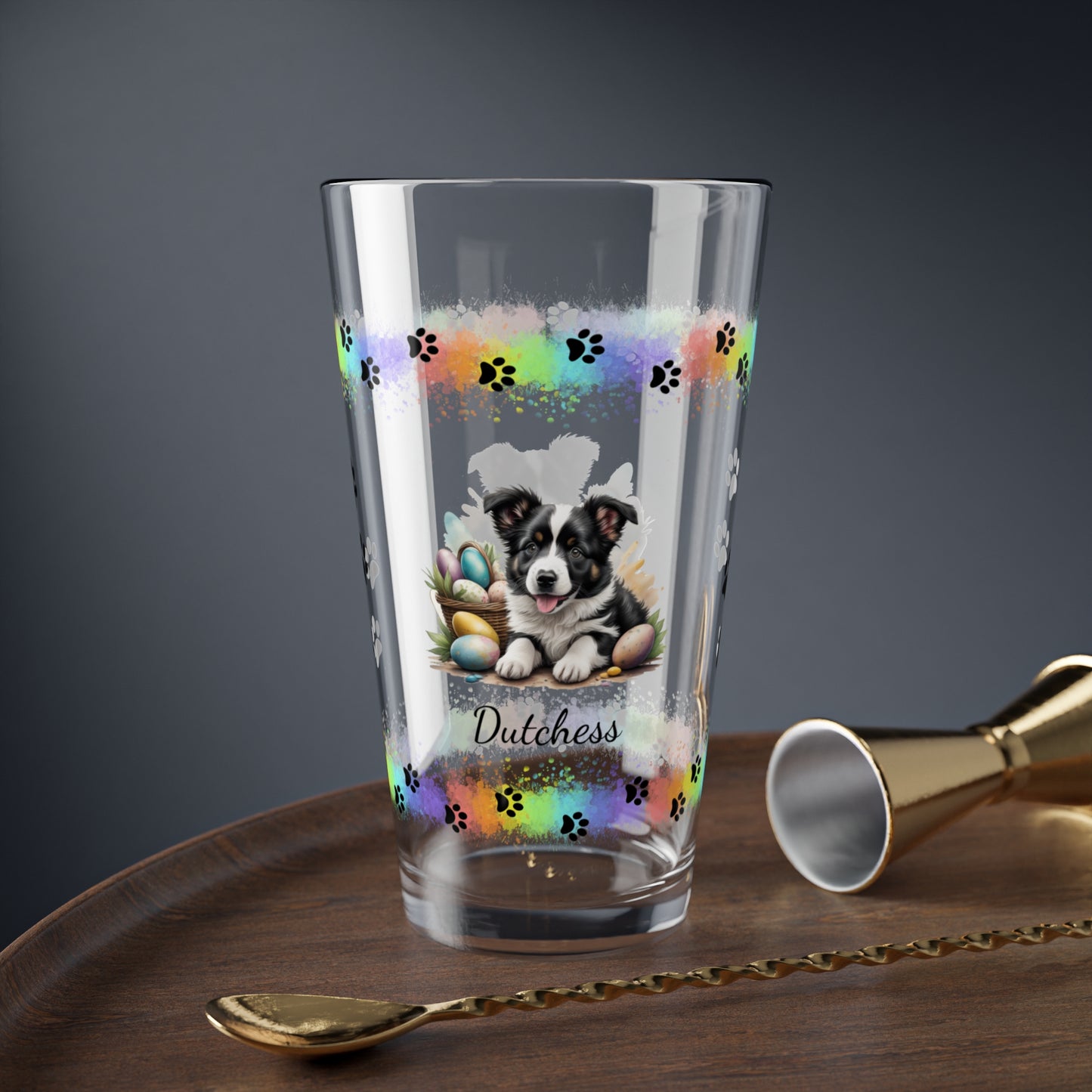 Border Collie (Black & White) Personalized Easter Puppy 16oz Pint Glass - Custom Dog Design, Mental Health Gift, Easter Décor, and Festive Celebrations