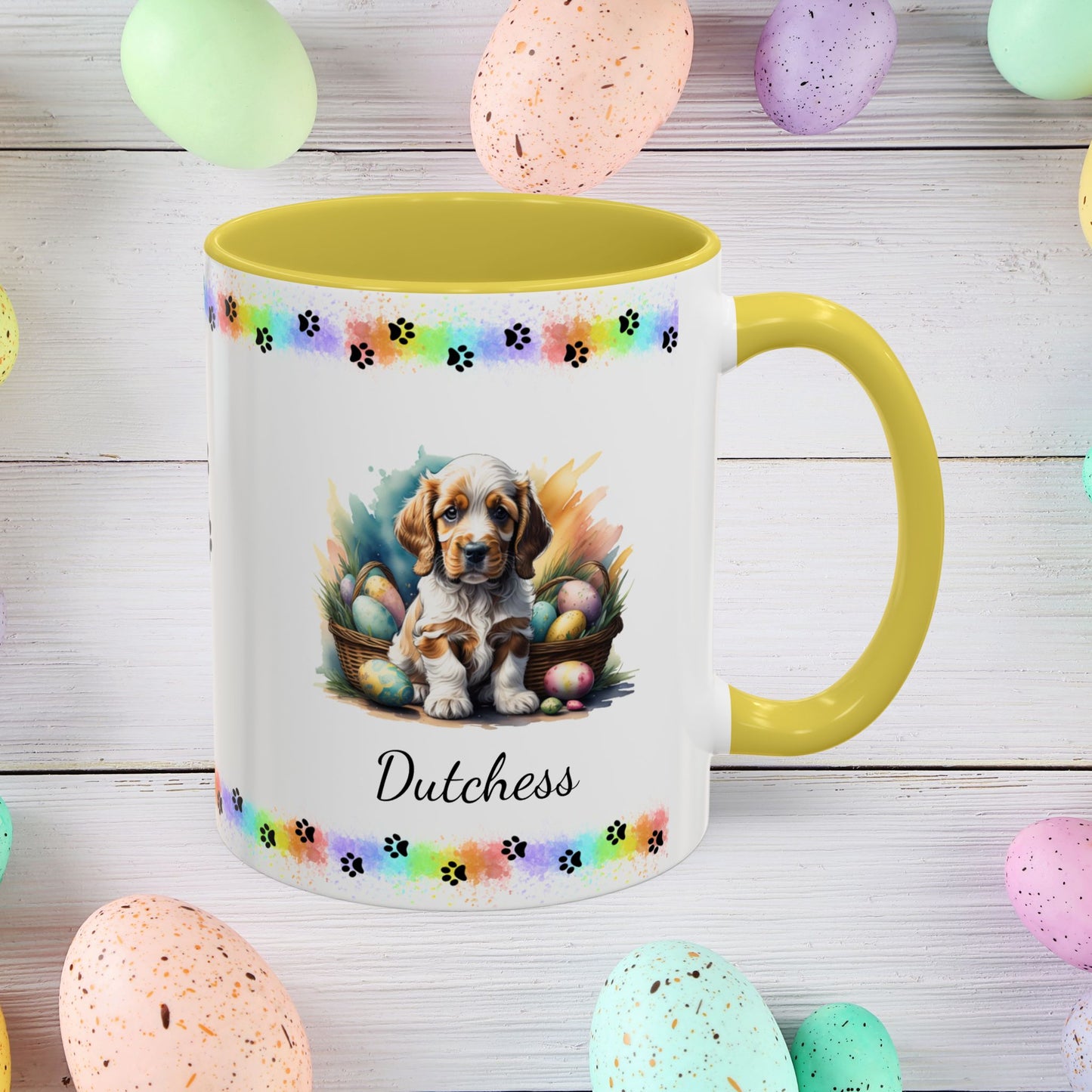 Cocker Spaniel Orange Roan personalized Easter puppy mug, cute dog coffee cup gift for mental health awareness