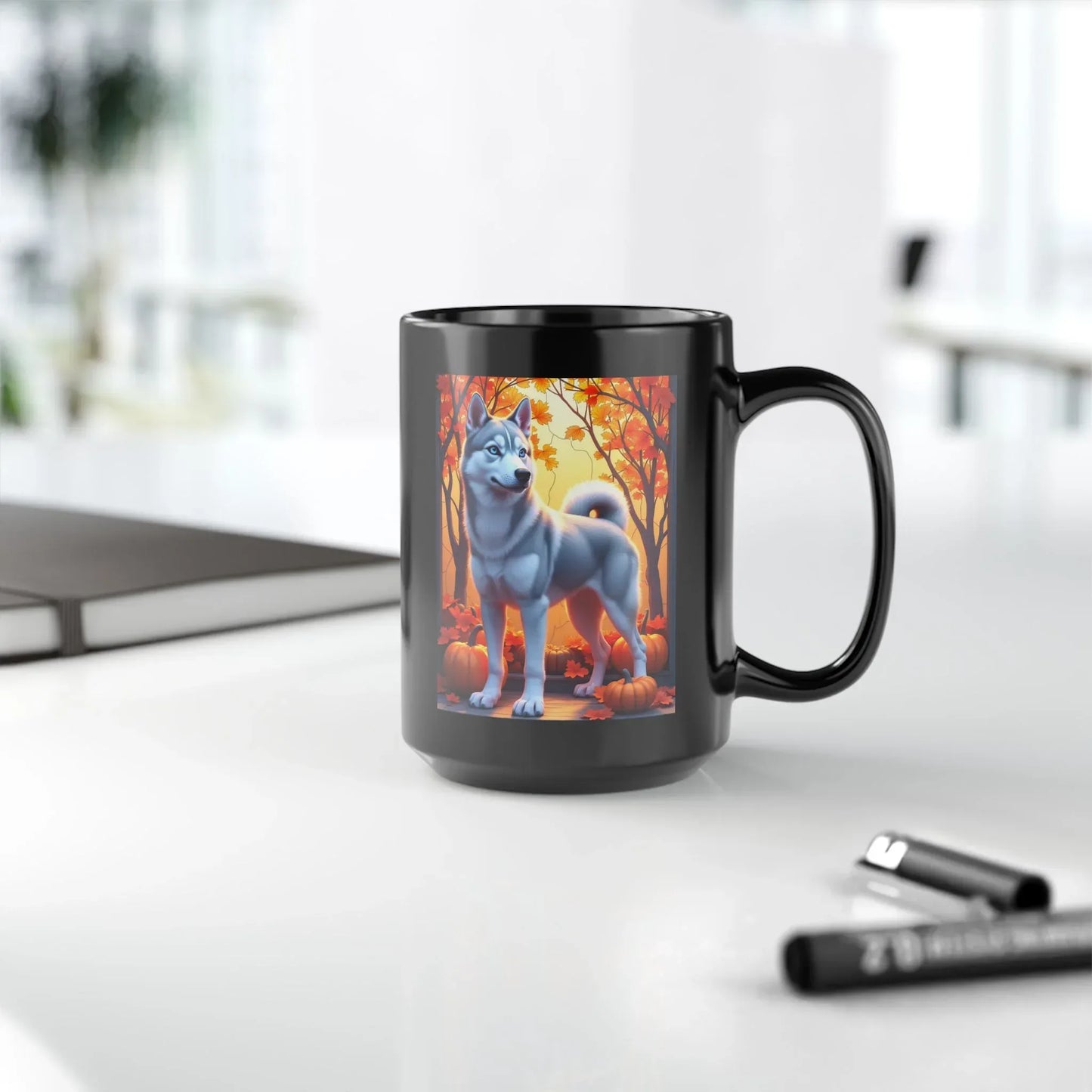 Shop our premium silver siberian husky blue eyes autumn black mug from MySisterIsASurvivor.