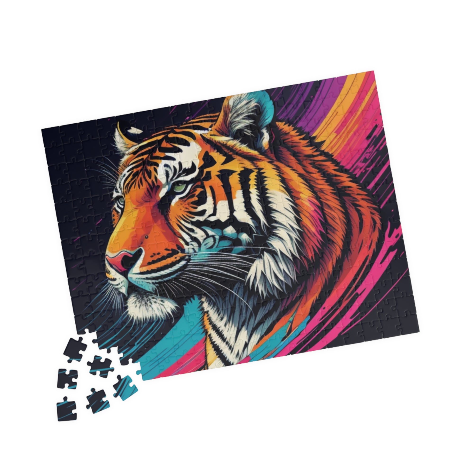 Detailed close-up of tiger stripes, printed on a puzzle that celebrates resilience and natural beauty