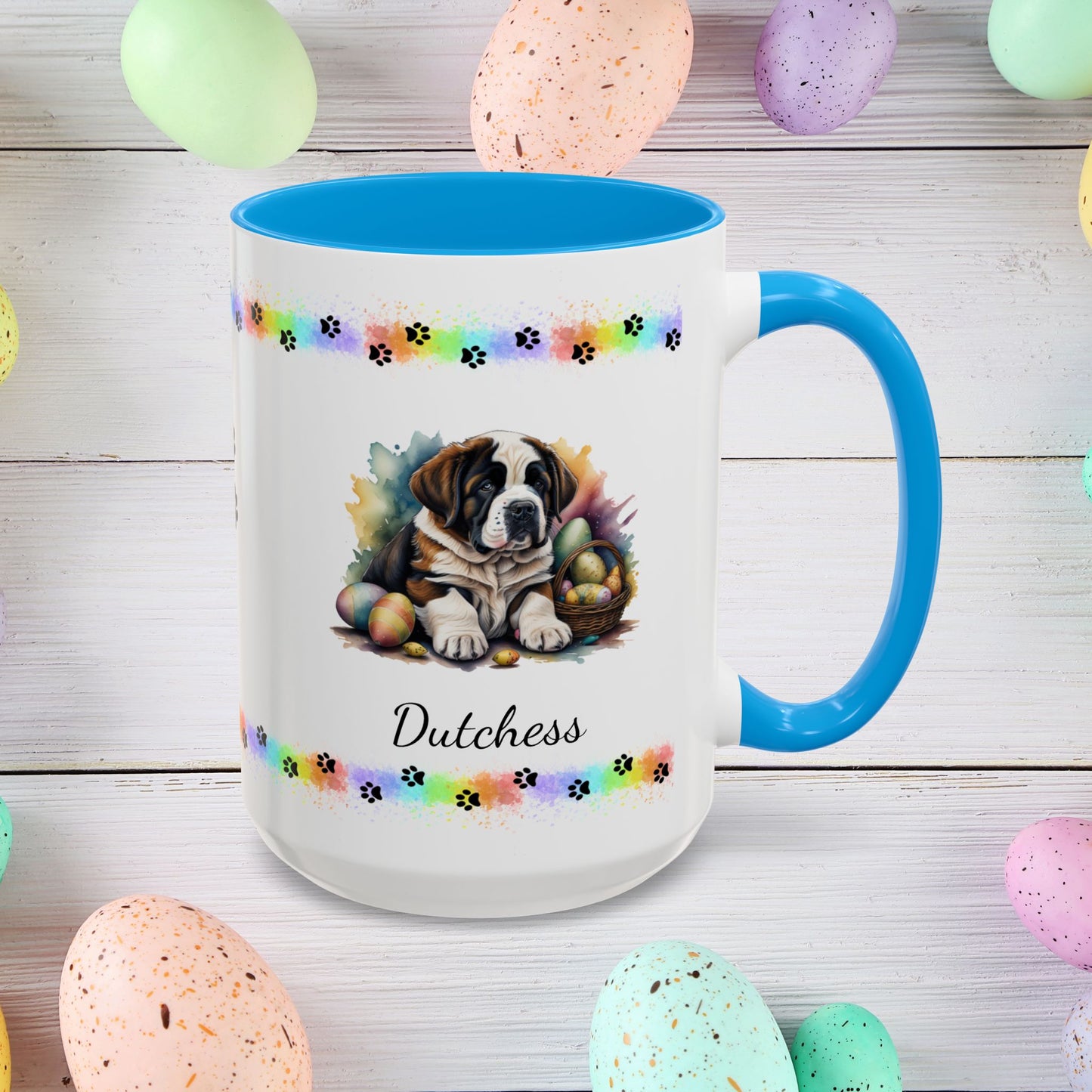 Saint Bernard Easter puppy coffee mug personalized for dog lovers, promoting comfort, calm, and joyful Easter mornings.