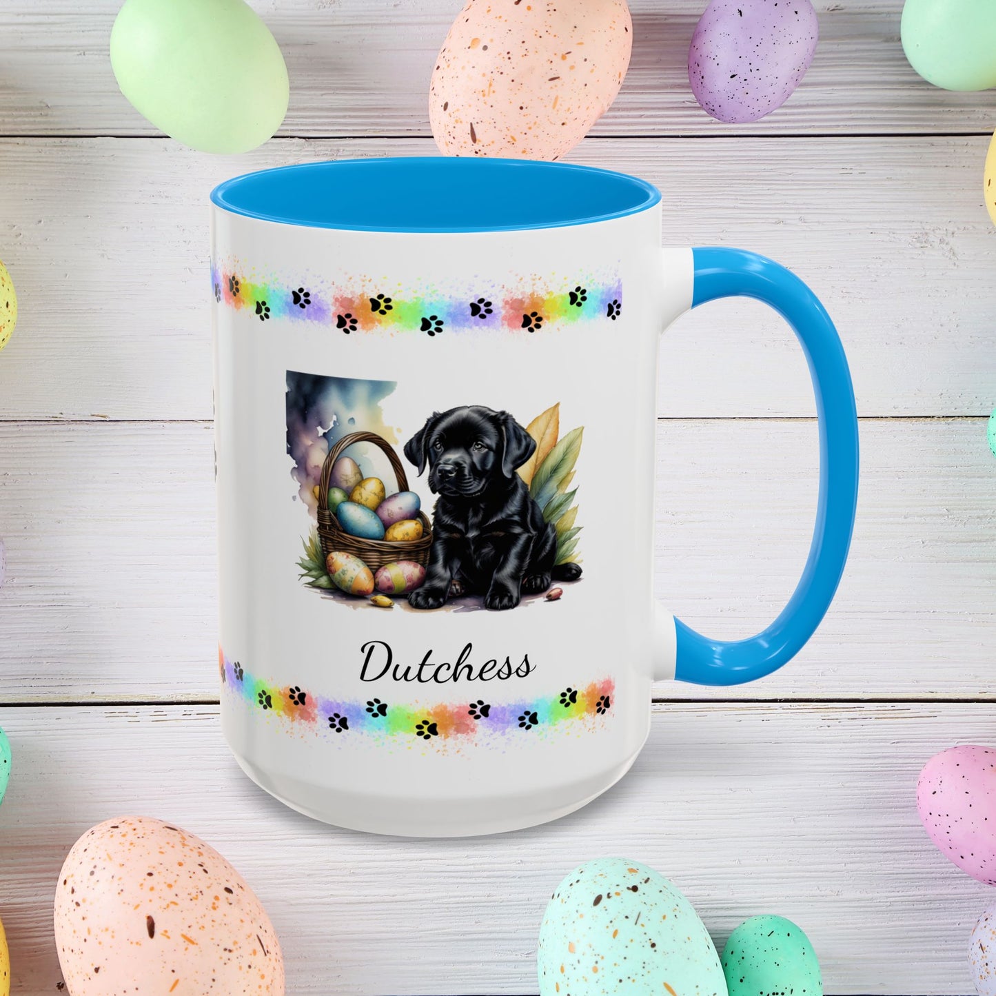 Black Labrador Easter puppy coffee mug, personalized cute dog design, mental health support and cozy sipping