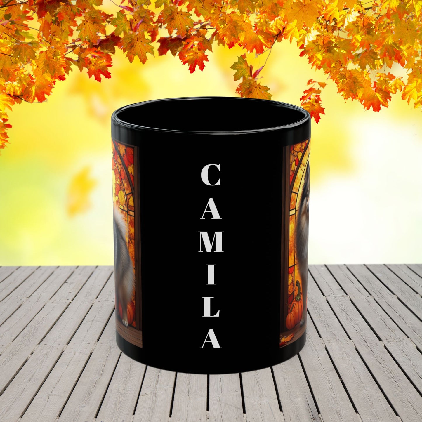 Wolf Sable Pomeranian autumn mug, personalized coffee cup for dog moms, dads, and Pom enthusiasts