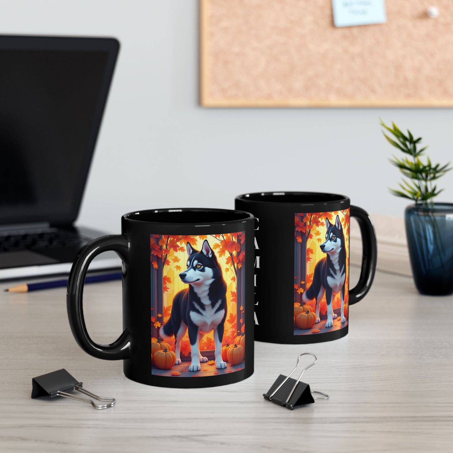 Black & White Husky (Amber Eyes) autumn mug, personalized dog owner gift for cozy fall coffee or tea
