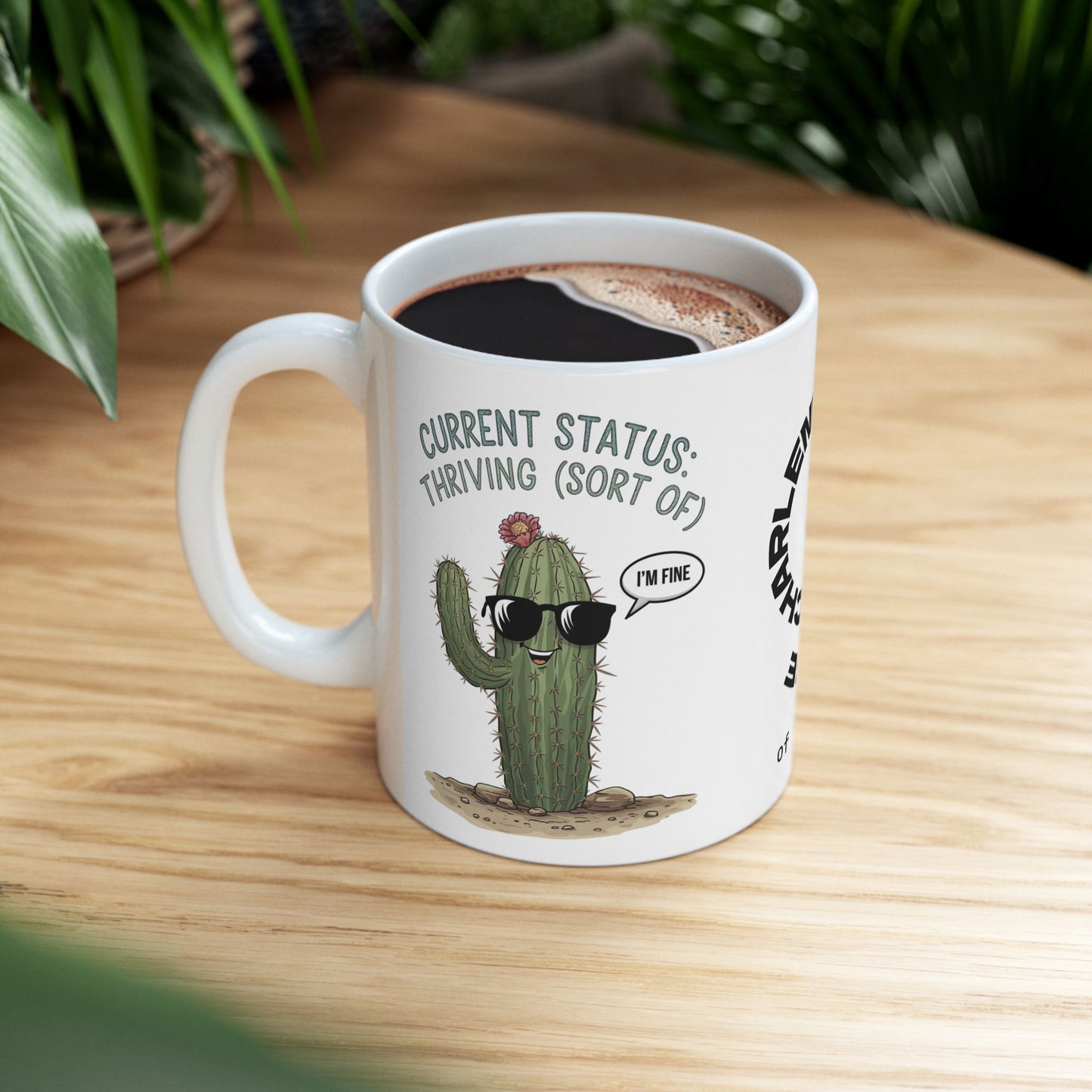 "Current Status: Thriving (Sort Of)" funny mental health mug, personalized for anxiety relief and self-care affirmations.