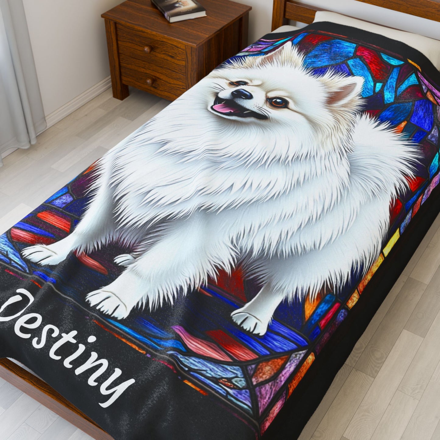 Pomeranian White Coat Blanket, Velveteen Plush Stained Glass Dog Throw, Custom Pet Lover Gift