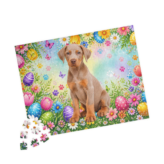 Doberman (Fawn/Isabella & Rust) Easter Puppy Puzzle - Spring Garden with Eggs, Tulips, and Daisies