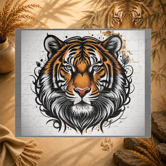 Jigsaw puzzle with a tiger design on a white background