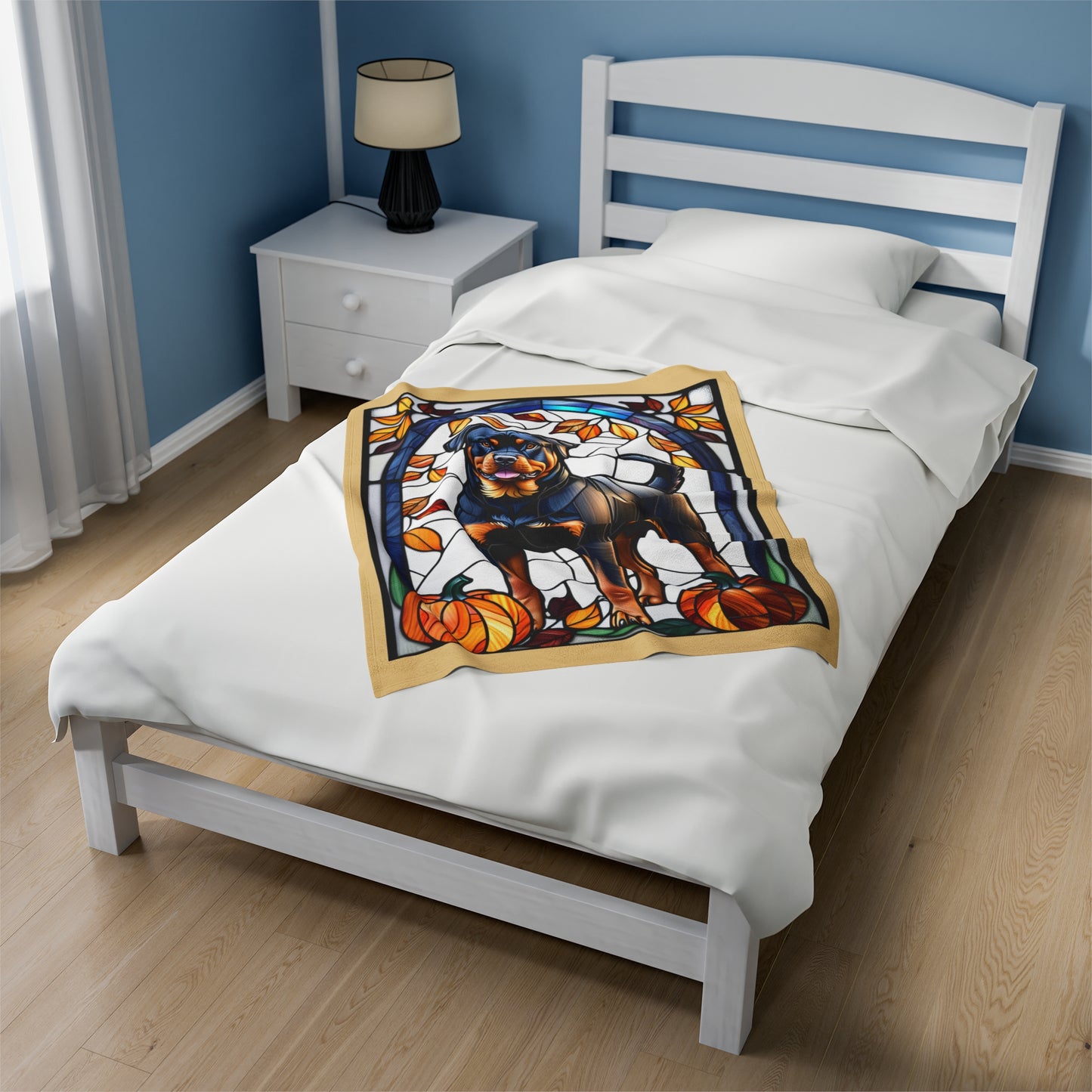 Rottweiler stained glass plush blanket in velveteen fabric, perfect cozy gift for Rottie owners