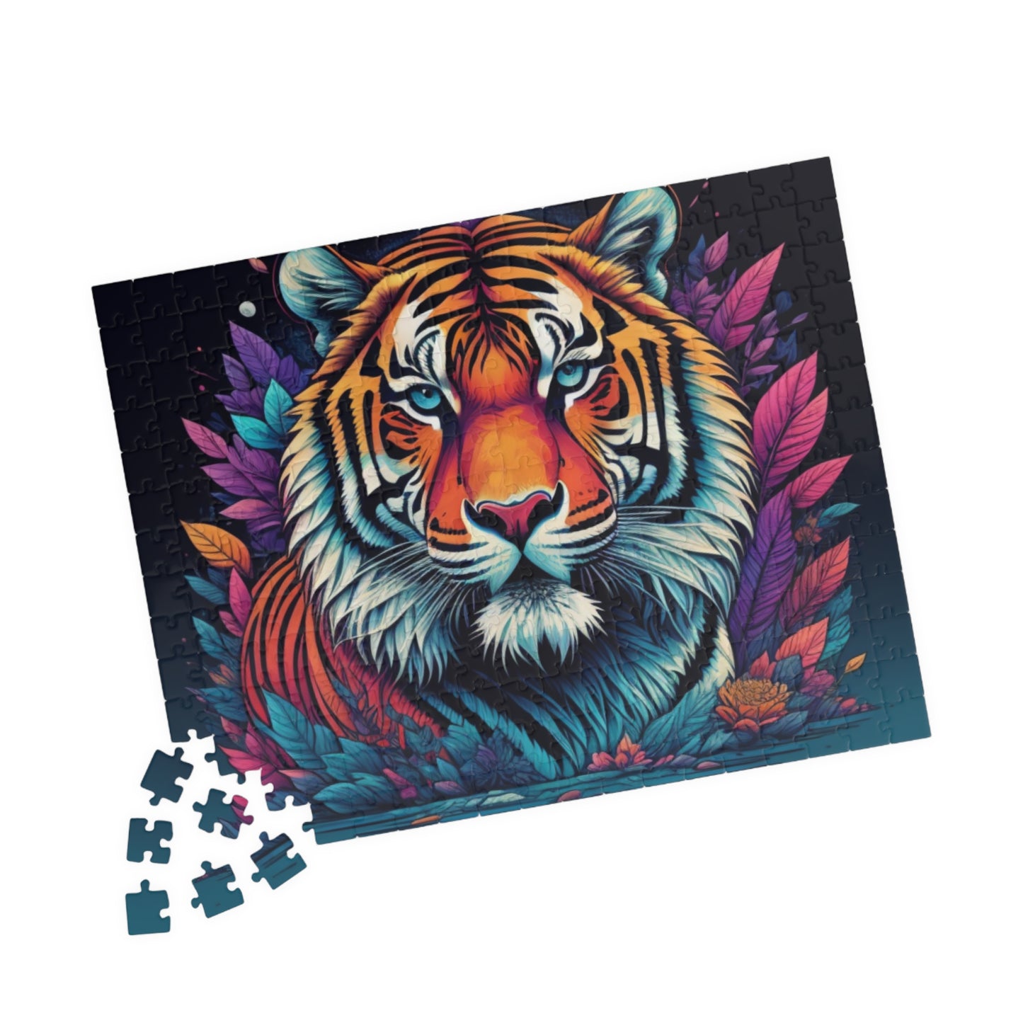 Determined tiger walking forward in moody lighting, featured on a puzzle highlighting strength and tenacity