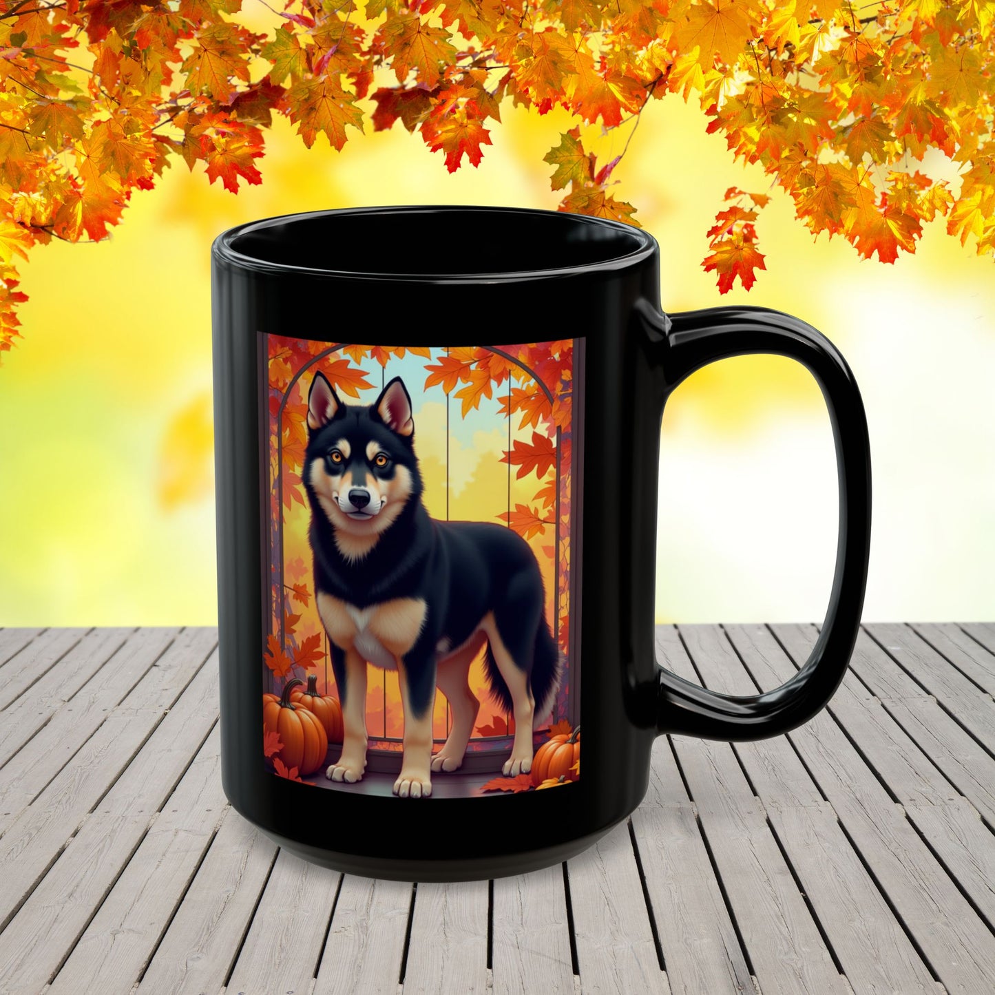 Black & Tan Husky (Amber Eyes) autumn coffee mug, personalized dog lover gift for fall and cozy drinks
