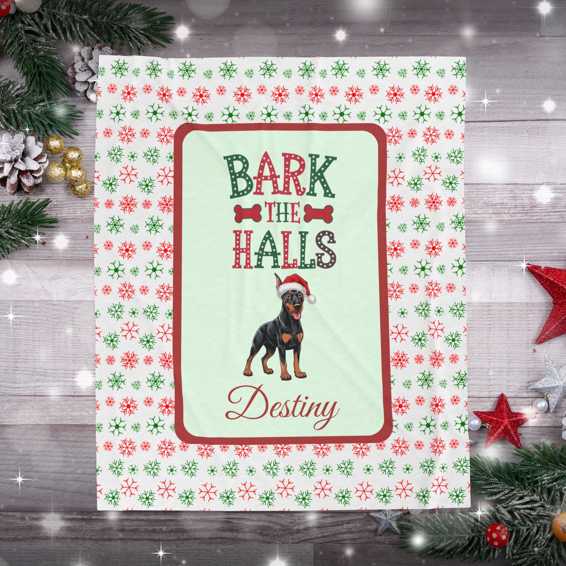 Doberman Pinscher Black and Rust velveteen blanket Bark The Halls cozy holiday gift for Doberman moms and dog dads