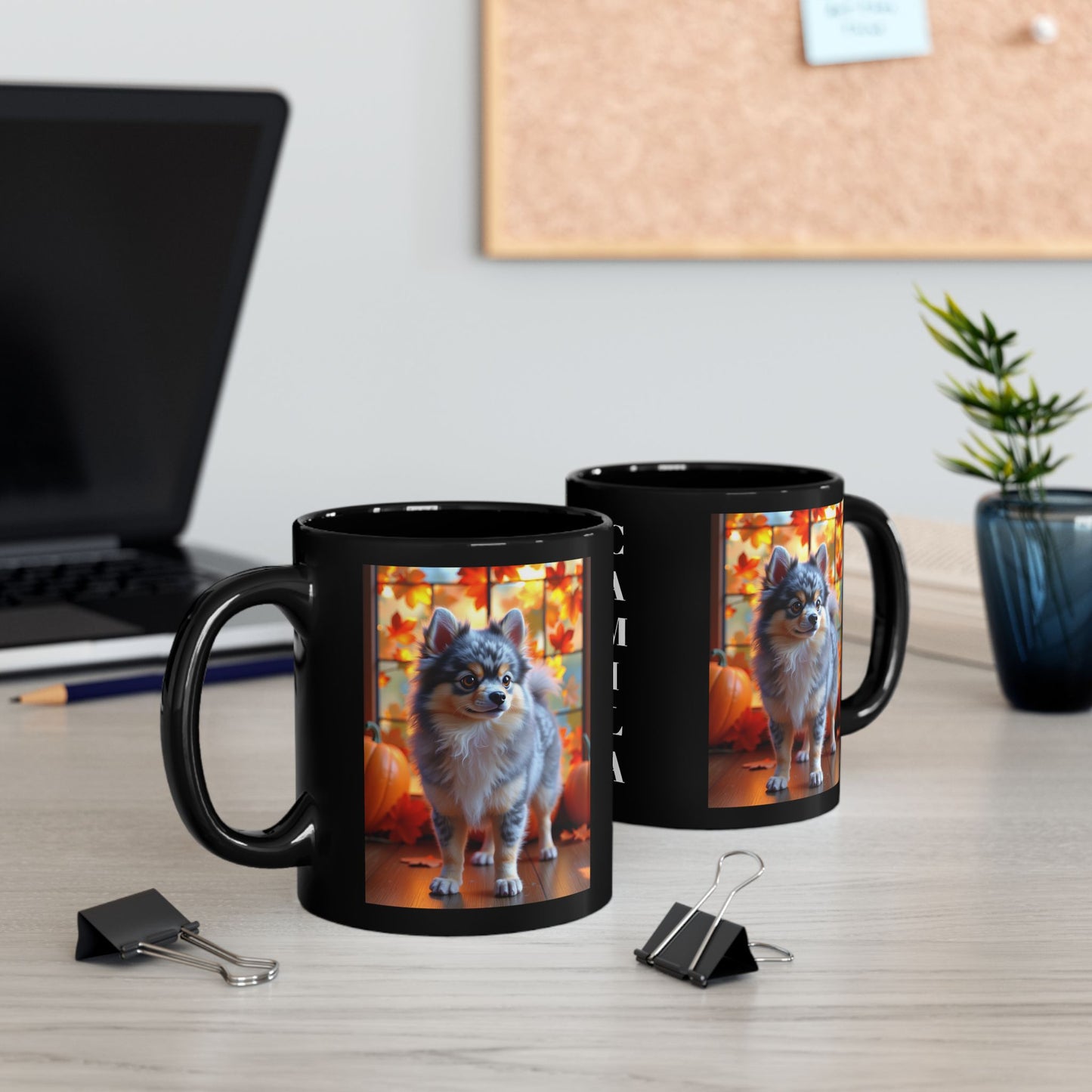 Blue Merle & Tan Pomeranian fall coffee mug, personalized gift for dog lovers and cozy autumn days