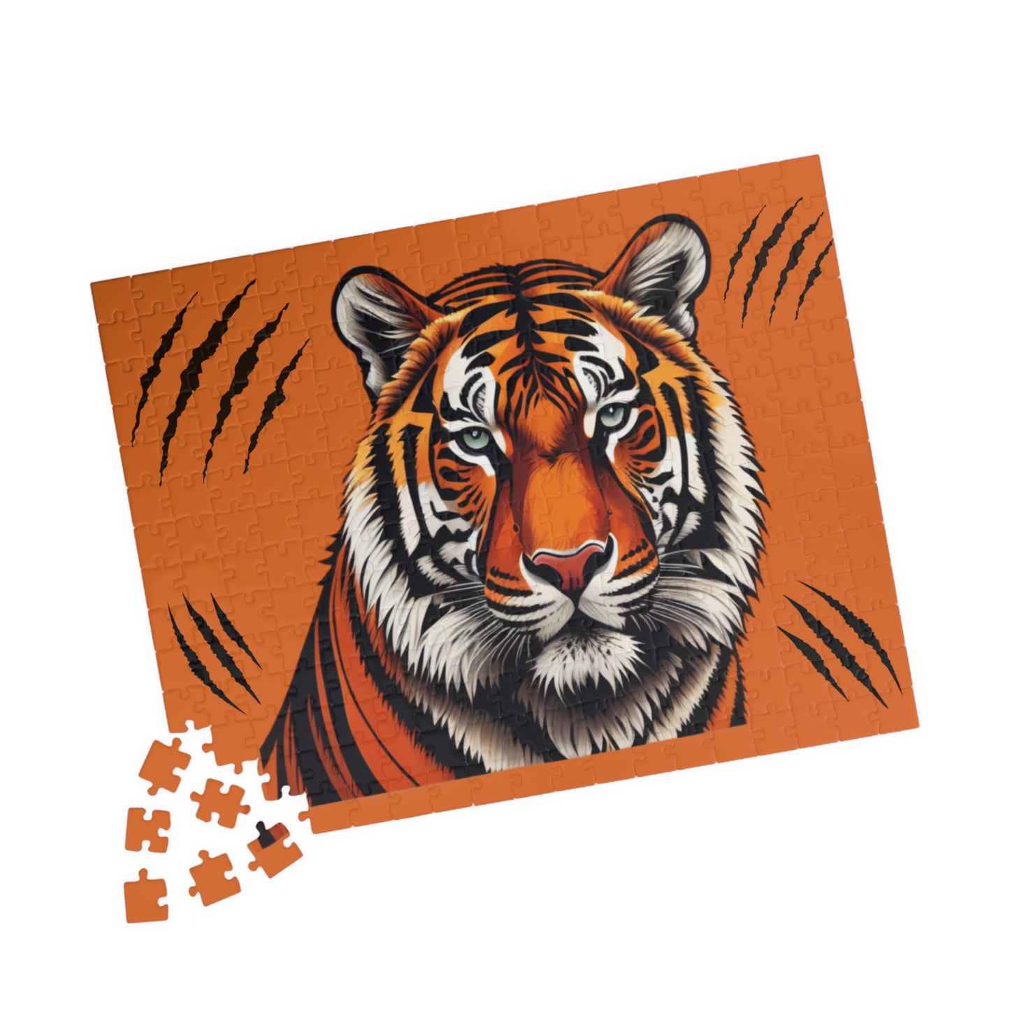 Powerful tiger standing tall in a dynamic pose, captured on a jigsaw puzzle representing bold inner strength