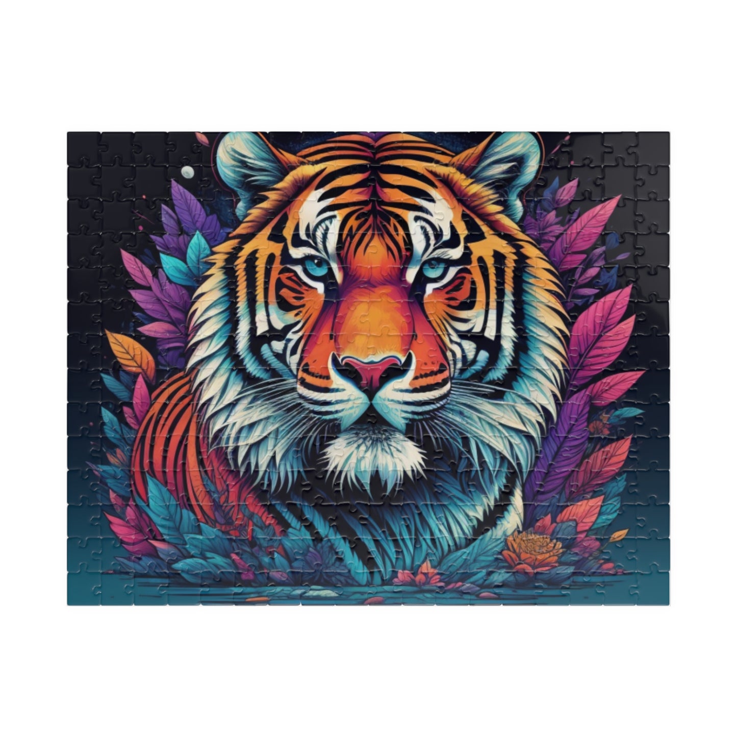 Determined tiger walking forward in moody lighting, featured on a puzzle highlighting strength and tenacity