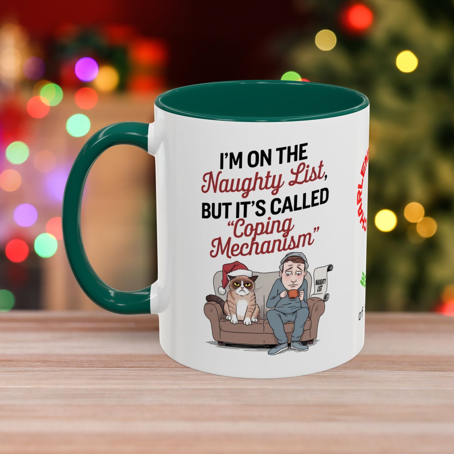 I'm On The Naughty List, But It's Called 'Coping Mechanism' - Christmas Mug with Male and Cat Design and Accent Color