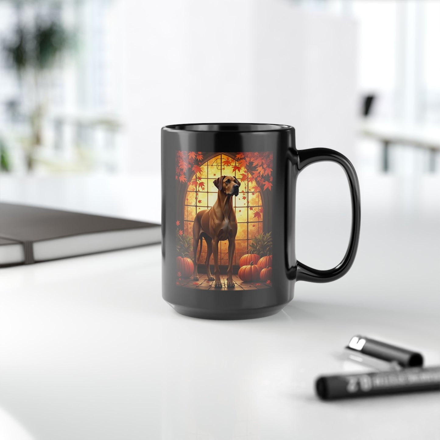 Fawn Great Dane coffee mug with pumpkins and leaves, personalized fall coffee cup for dog lovers