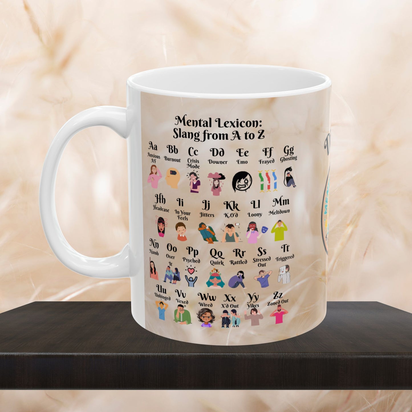 Mental Lexicon Mug with A-Z therapy slang, customizable for personal or professional mental health awareness use.