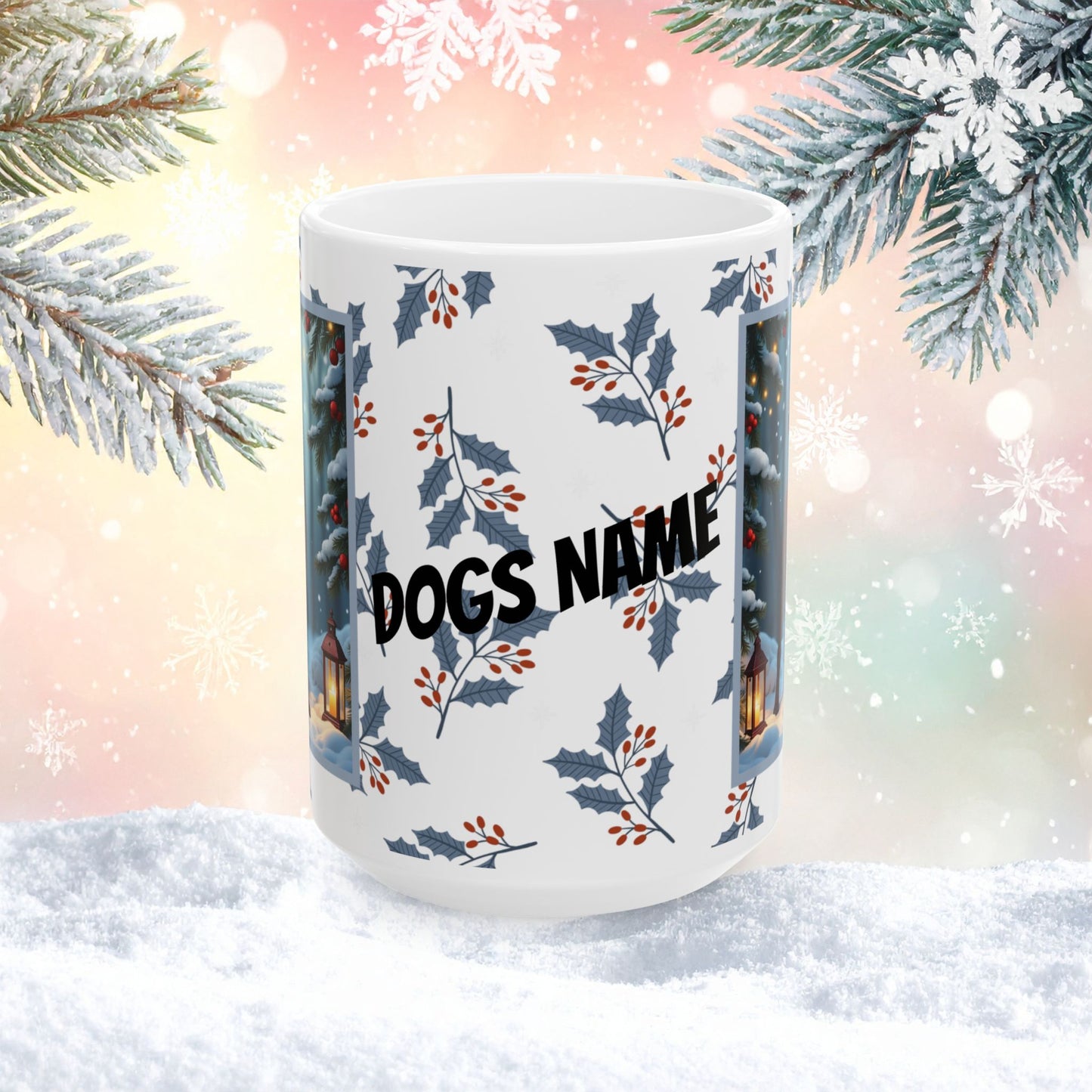 Doberman (Red) Winter Mug - red Doberman illustrated standing calmly in a serene winter scene with snowy background