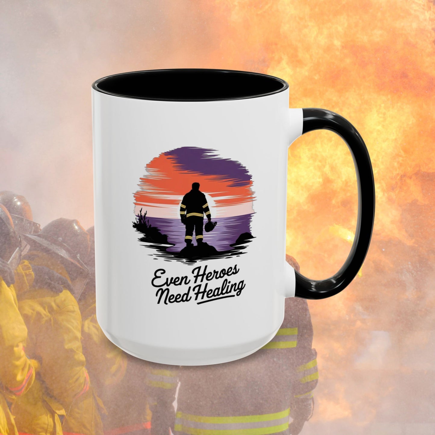 Even Heroes Need Healing, Firefighter - Mental Health Awareness for Firefighters, Accent Coffee Mug (11, 15oz)