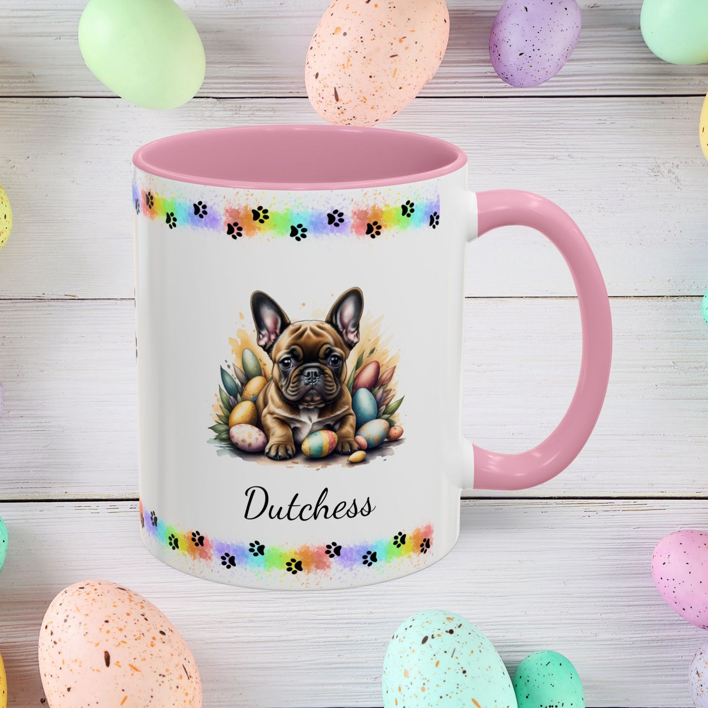 French Bulldog Fawn Easter puppy coffee mug, personalized cute dog gift for mental health support and cozy drinks