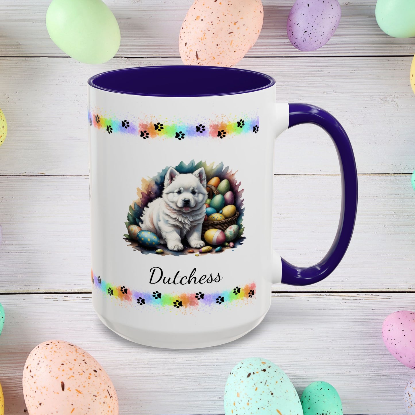 Samoyed Easter puppy coffee mug personalized dog design, cozy mental health gift for spring and daily mindfulness.