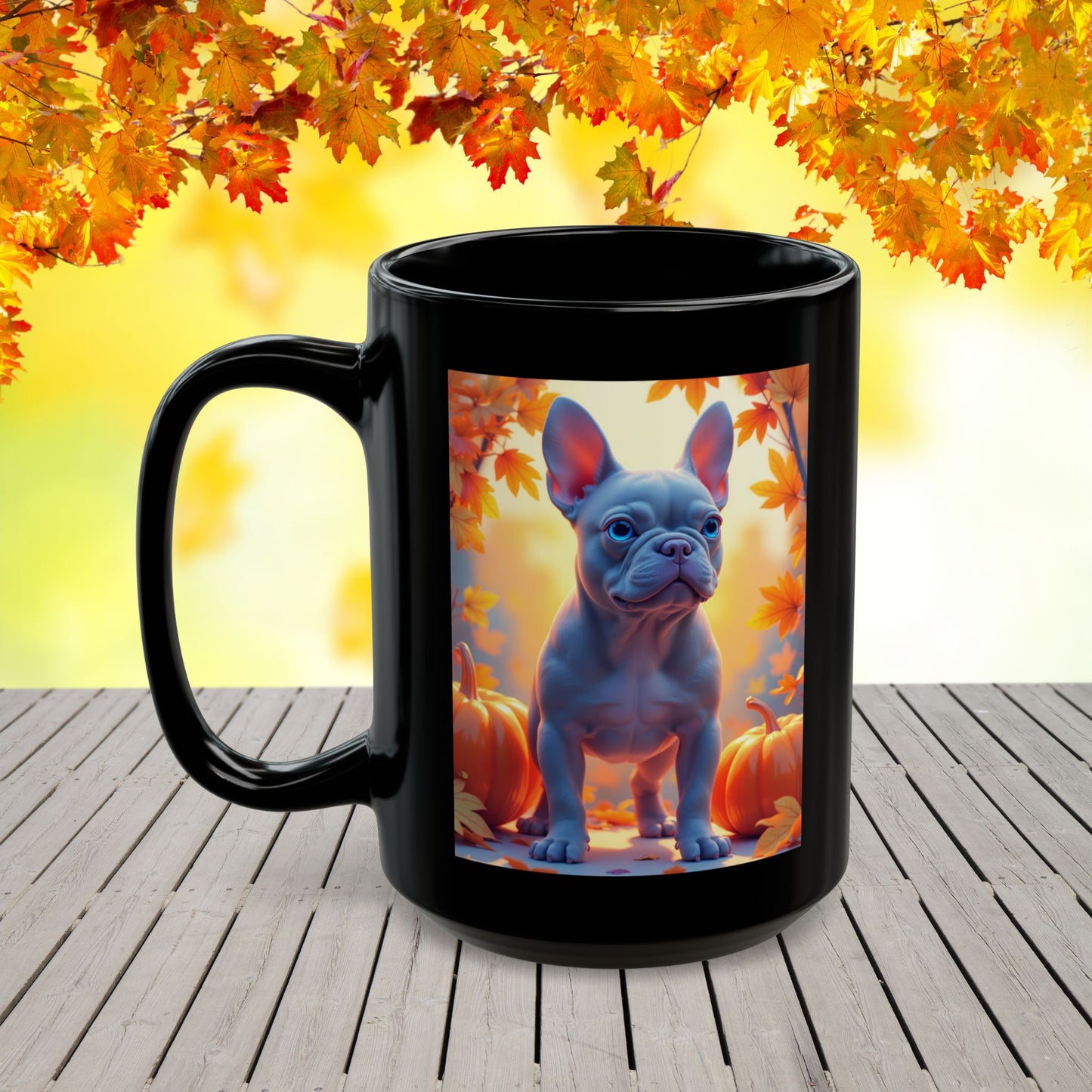 Blue French Bulldog Autumn Black Mug - Cute fall coffee mug for Frenchie dog owners