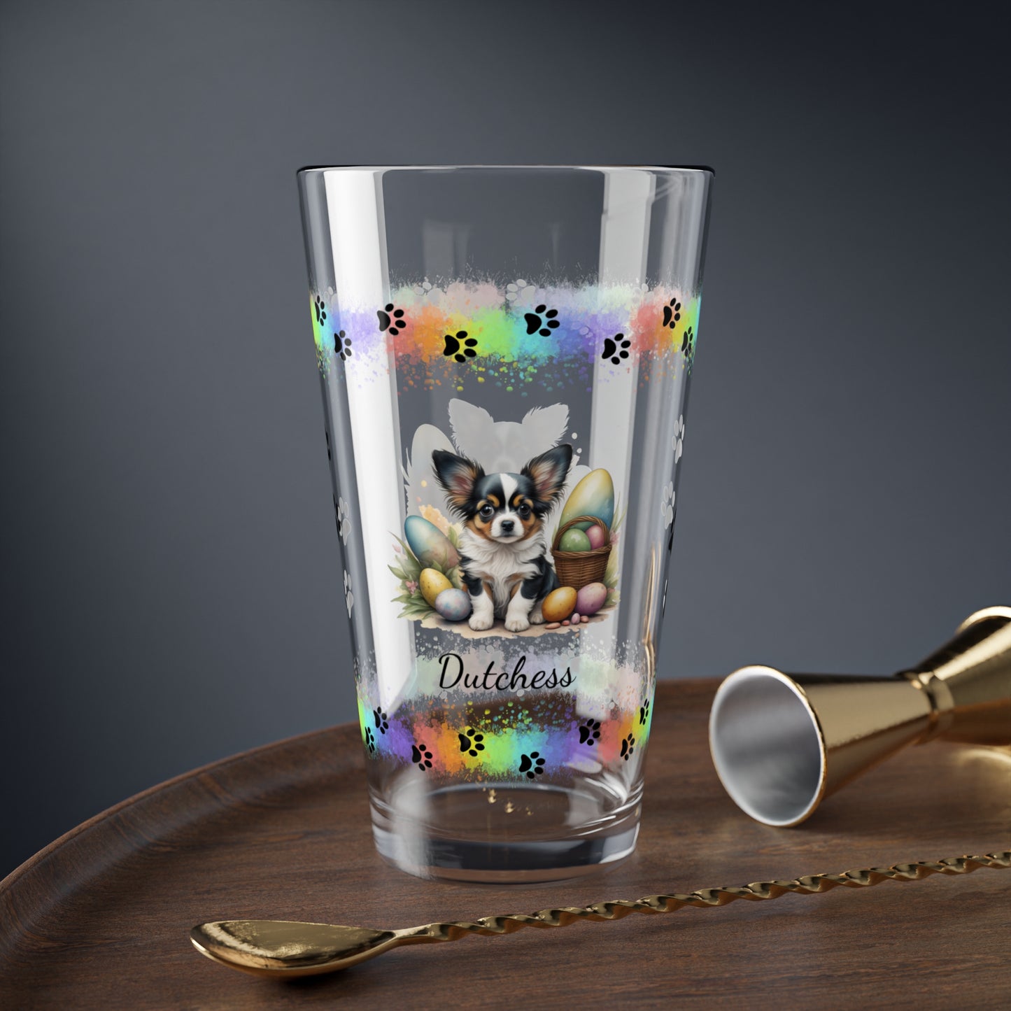 Papillon (White, Black & Tan) Personalized Easter Puppy 16oz Pint Glass - Custom Dog Design, Mental Health Gift, Easter Décor, and Festive Celebrations