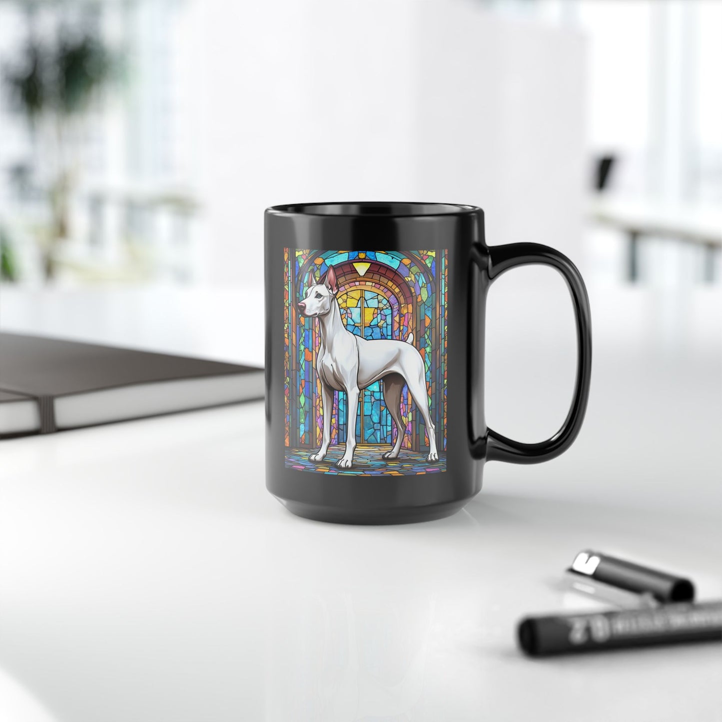 Doberman white personalized mug, stained glass dog lover coffee cup, gift for pet parents