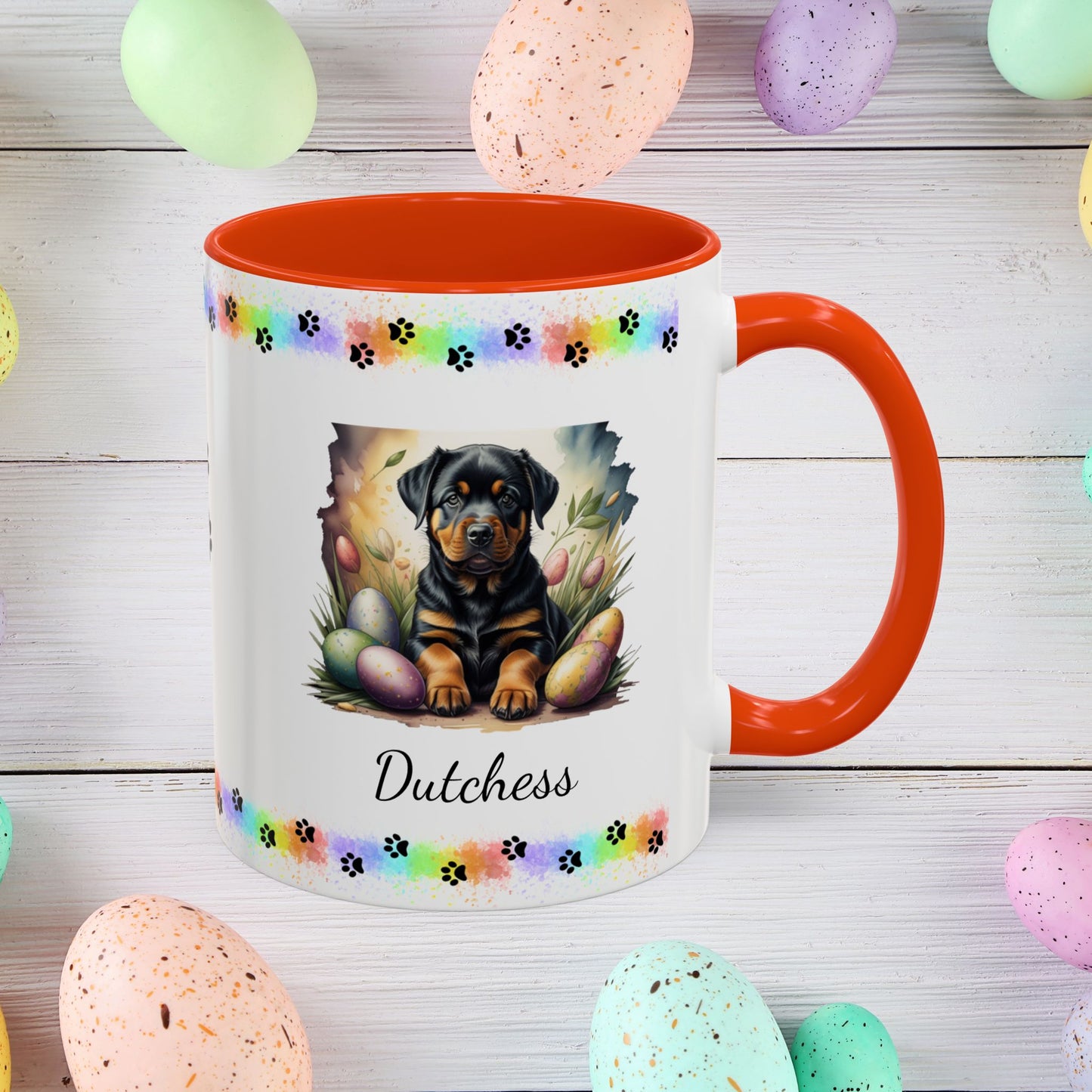 Rottweiler Easter puppy coffee mug personalized dog design, thoughtful gift for self-care and mental health awareness.