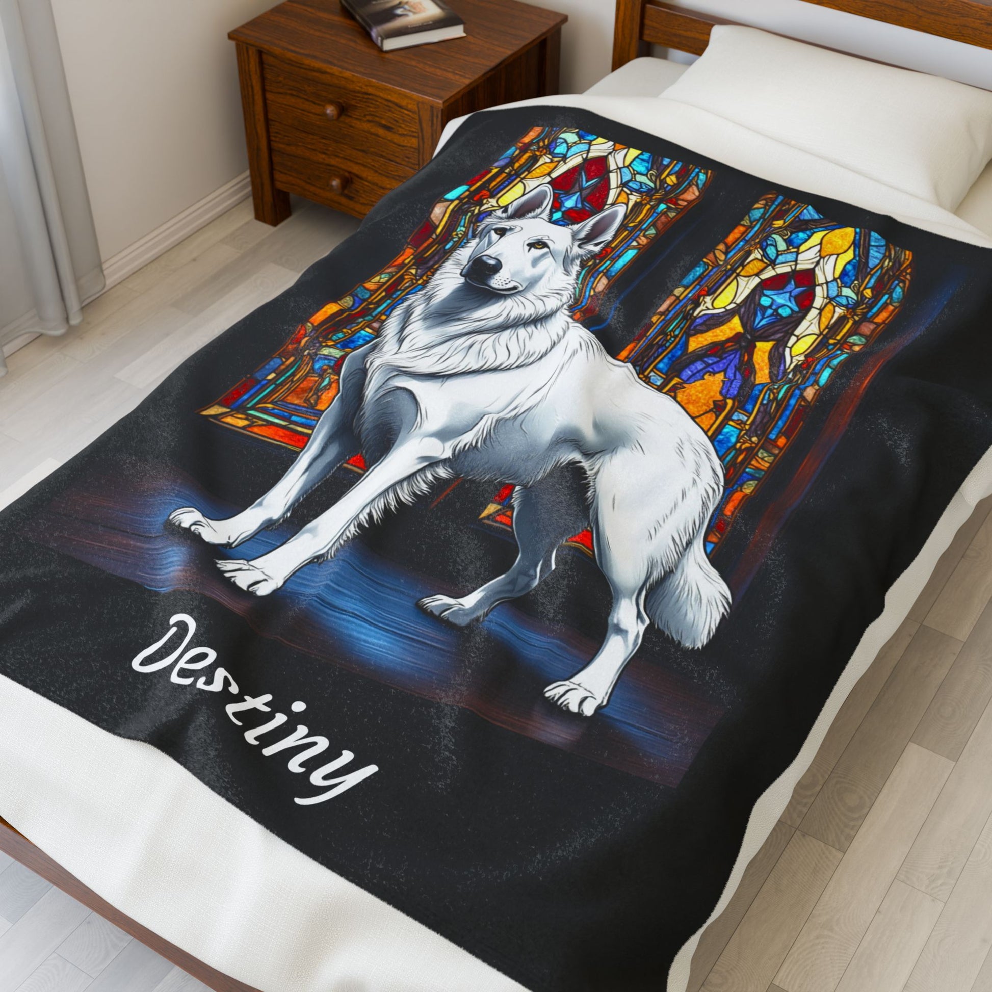 German Shepherd White Coat Velveteen Blanket, Stained Glass Dog Art Throw, Personalized Gift