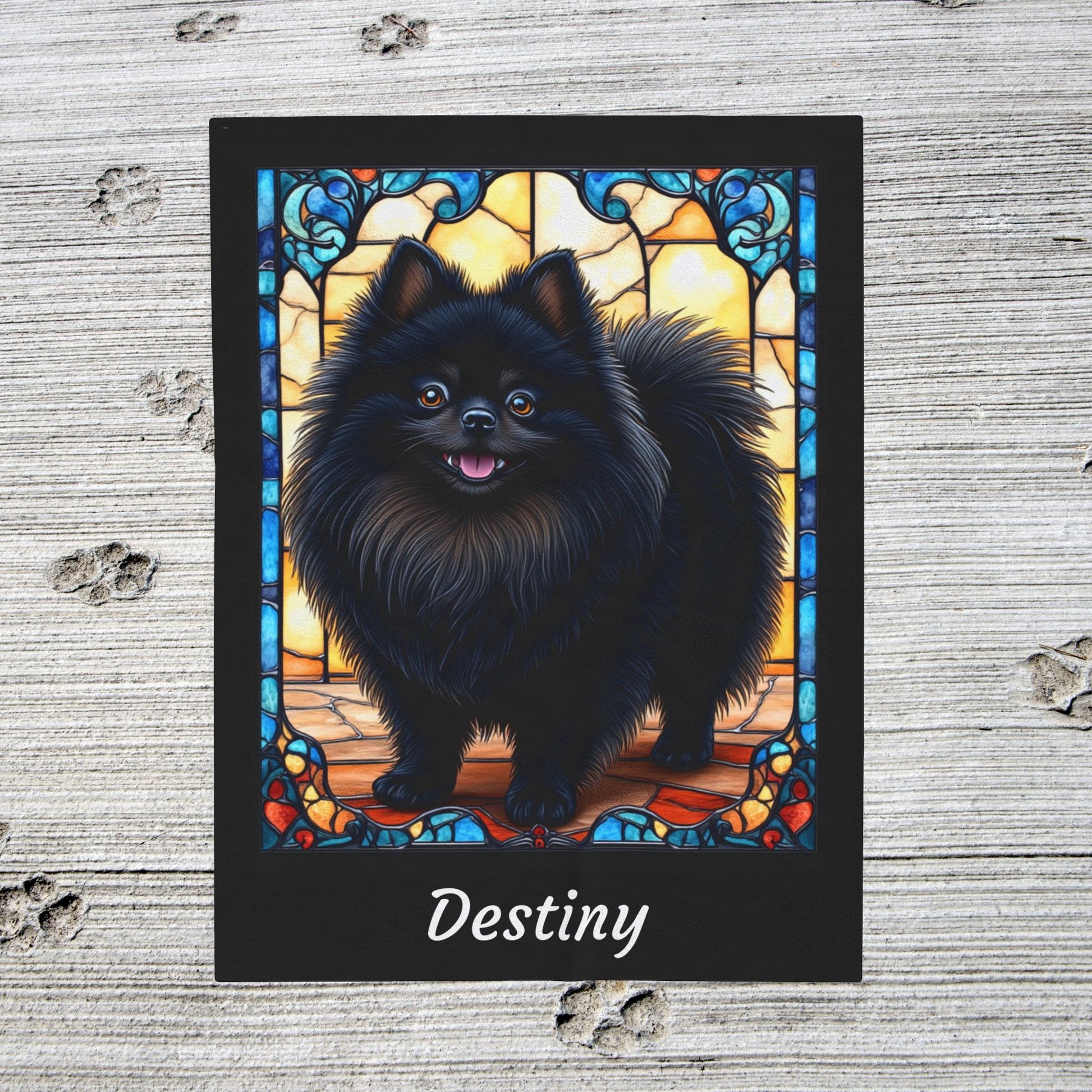 Pomeranian Black Coat Blanket, Velveteen Plush Stained Glass Dog Throw, Custom Gift for Humans
