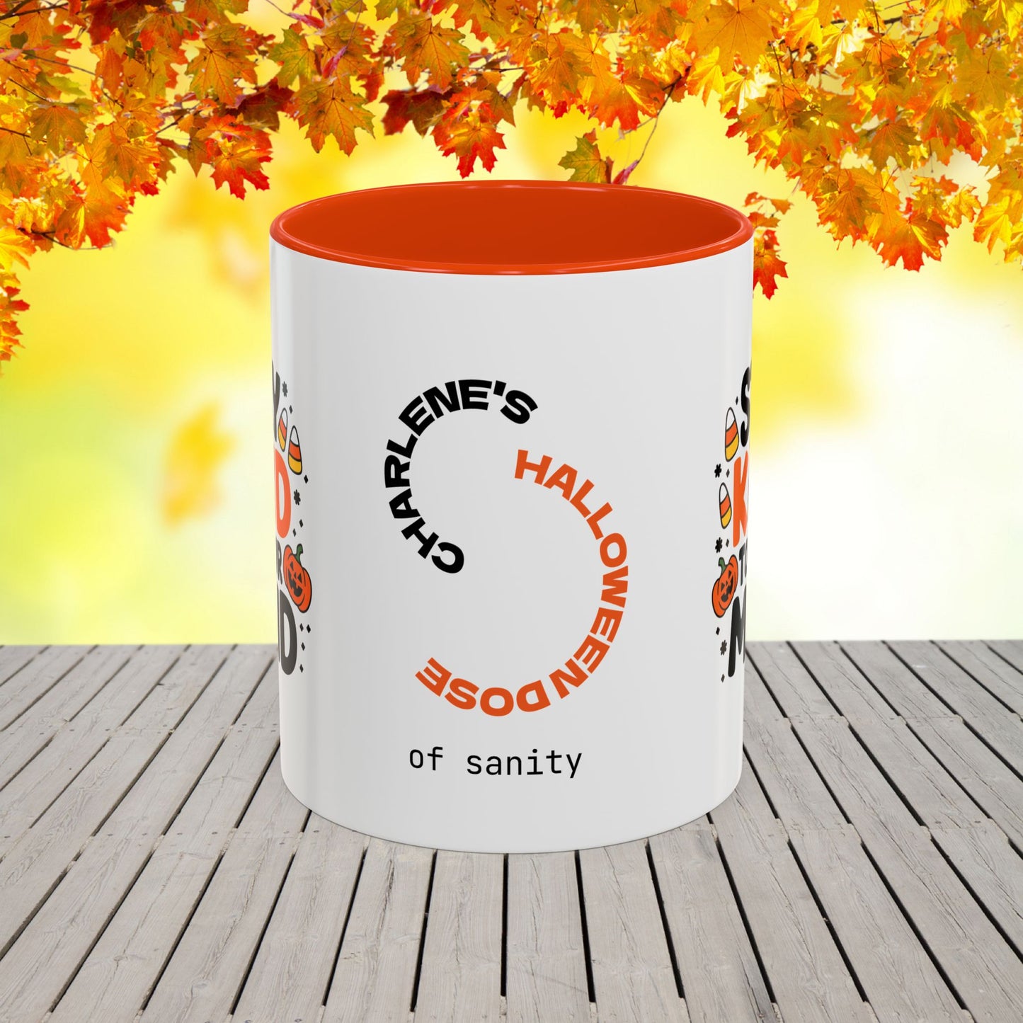 Custom Halloween mug with “Stay Kind to Your Mind” quote, personalized mental wellness gift for everyday encouragement.
