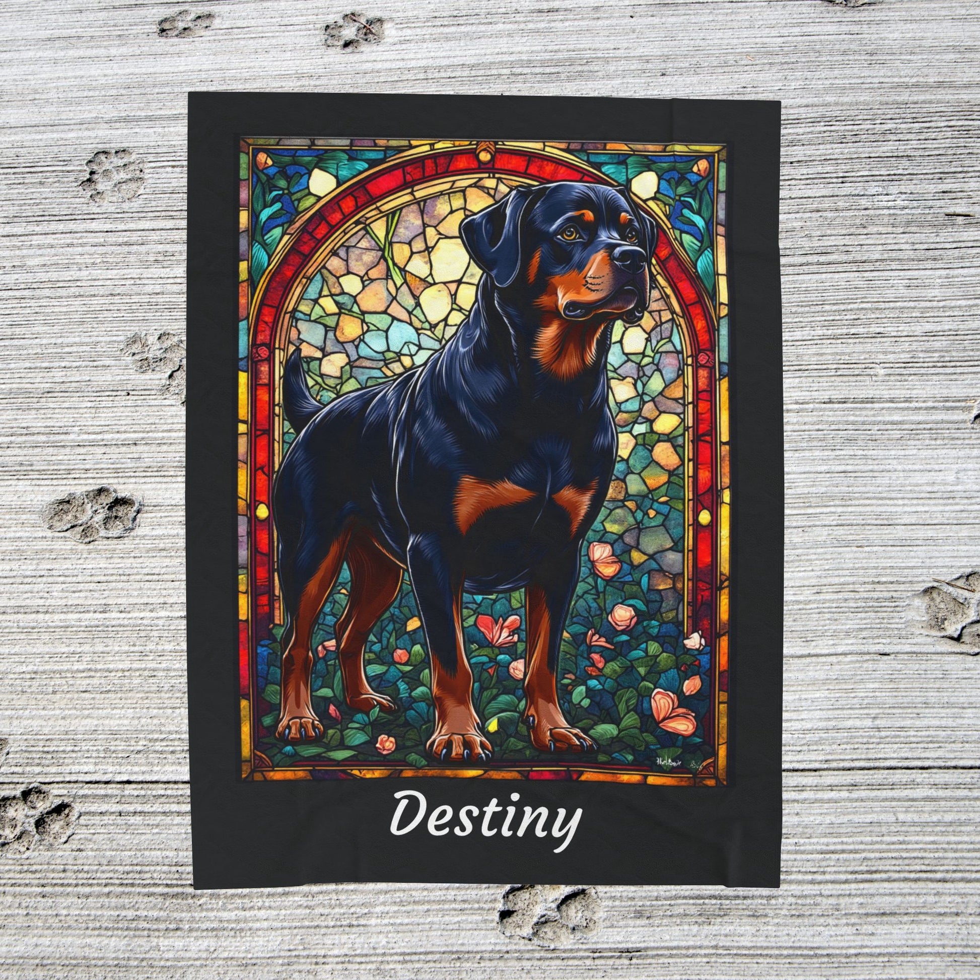 Rottweiler Black & Mahogany Coat Blanket, Velveteen Plush Stained Glass Dog Throw, Personalized Gift
