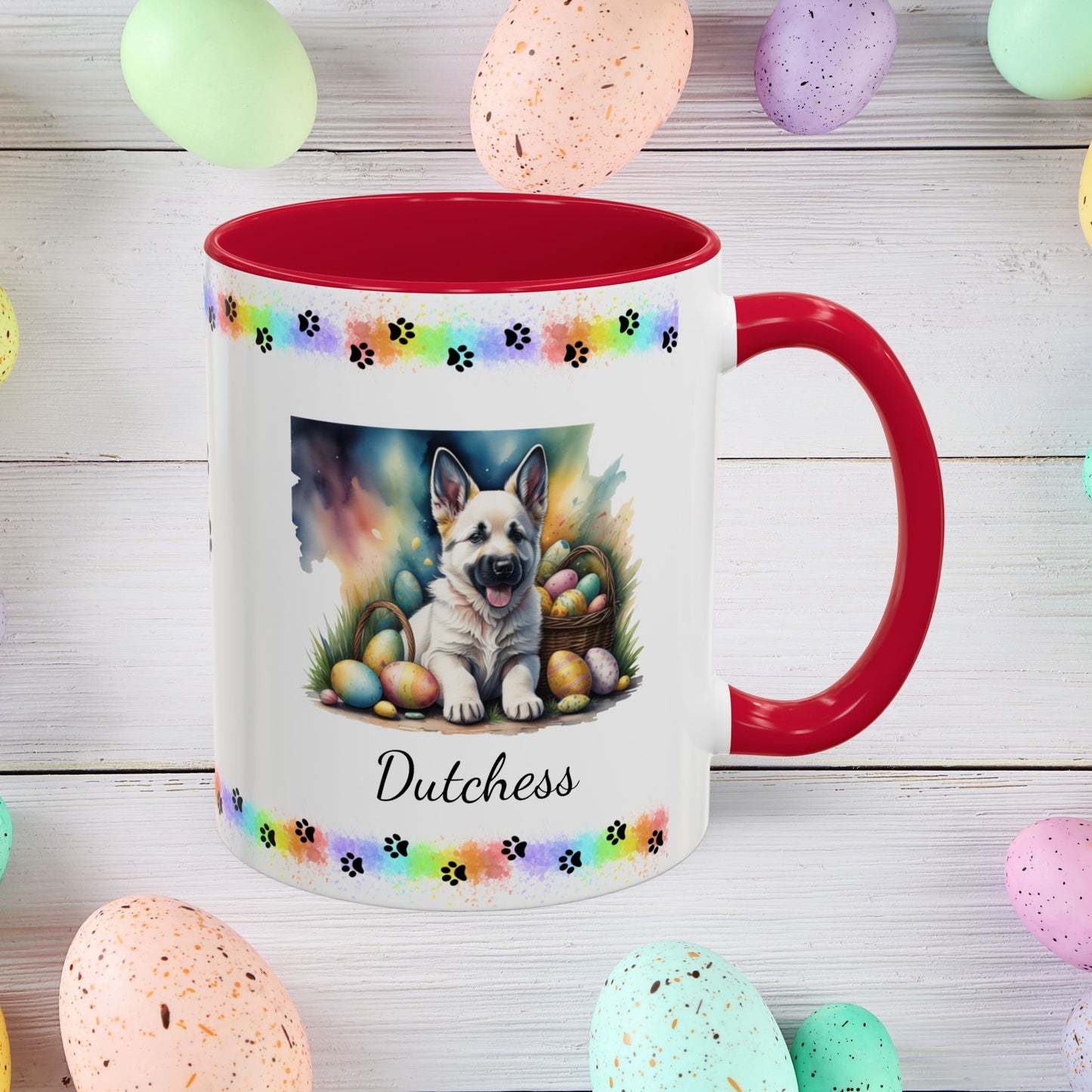 German Shepherd White Easter puppy coffee mug, personalized cute dog gift for mental health awareness and cozy sipping