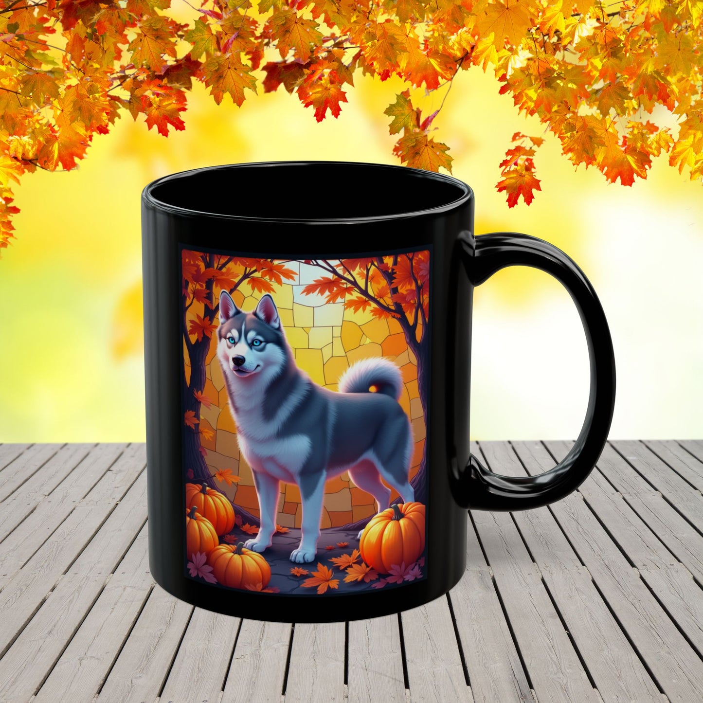 Dark Grey Siberian Husky (Blue Eyes) fall mug, custom dog lover gift for cozy seasonal drinks