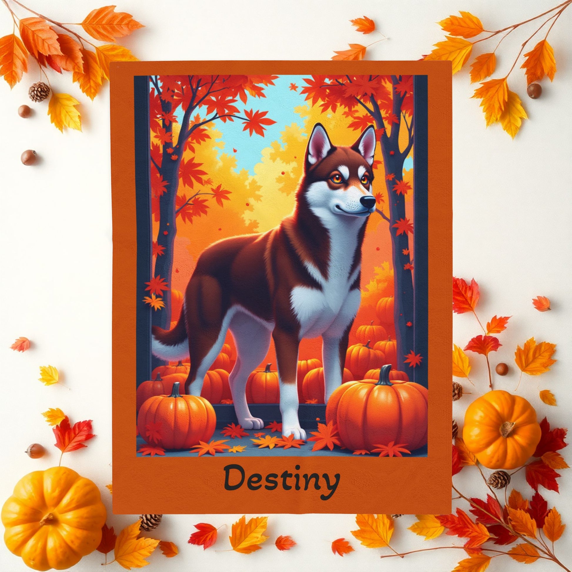 Siberian Husky Dark Red & White Coat (Amber Eyes) Velveteen Plush Blanket, Custom Dog Throw