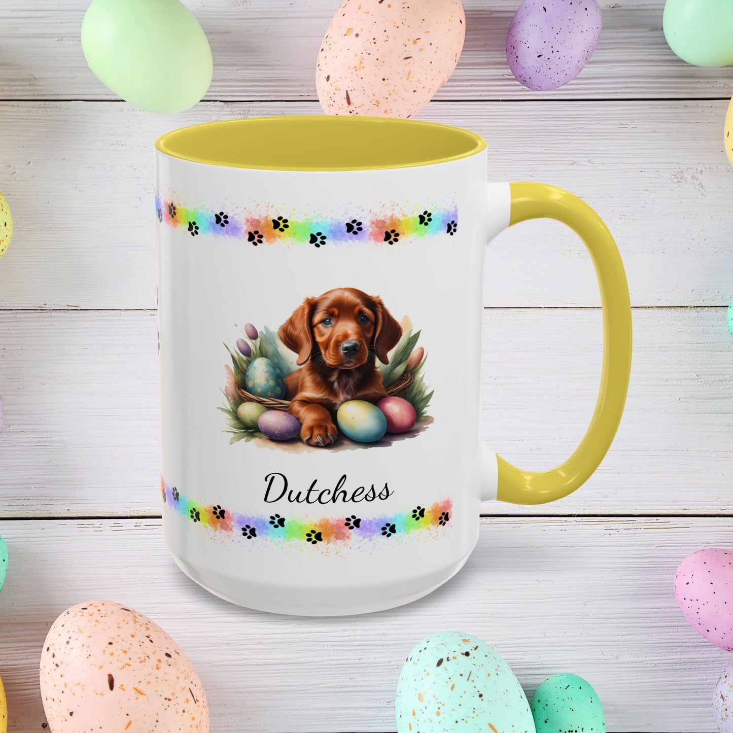 Irish Setter: Personalized Easter Puppy Coffee Mug - Adorable Dog Design, Mental Health Gift, 11oz & 15oz, 12 Color Choices, Easter Gifts & Décor
