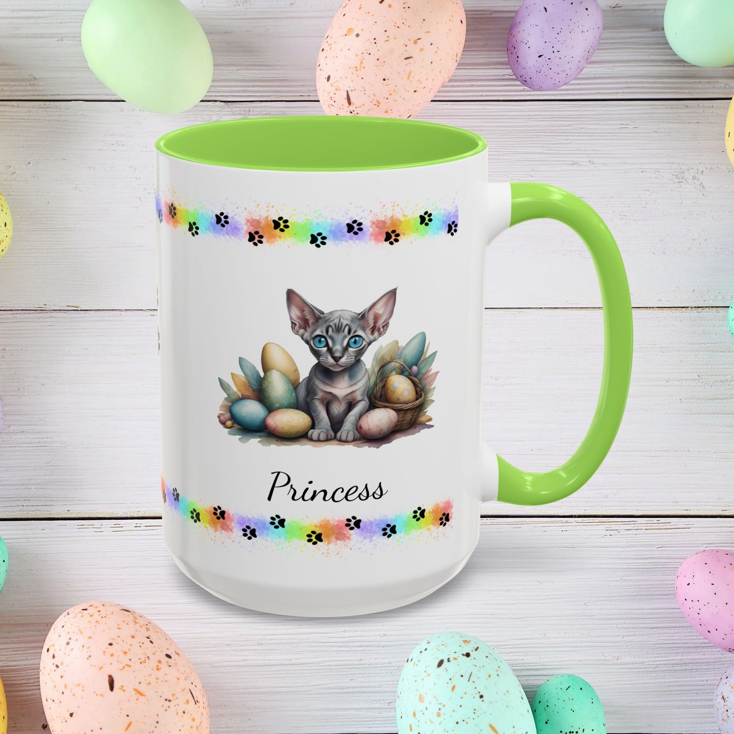 Sphynx personalized Easter coffee mug, adorable kitten design, cute cat gift for mental health support