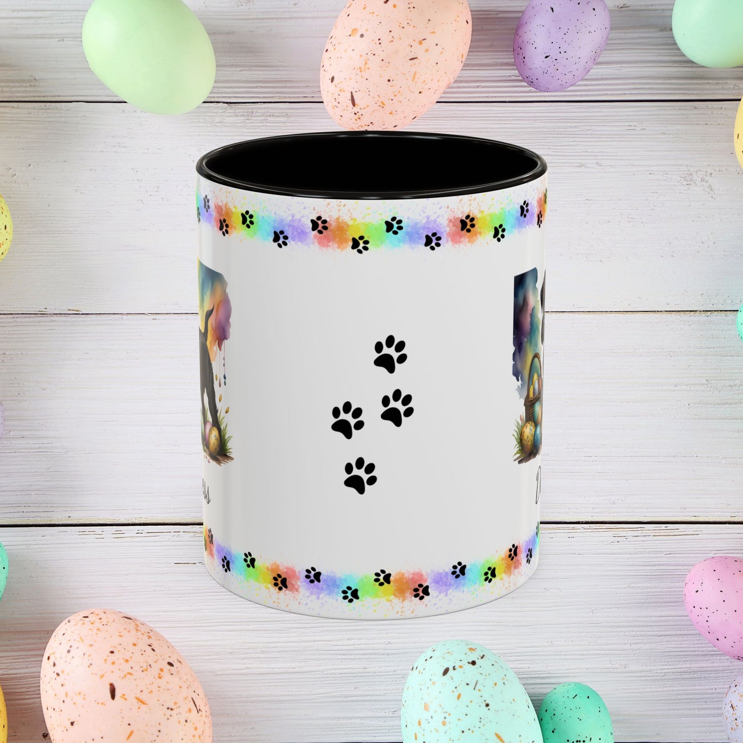 Black Schnauzer Easter puppy coffee mug personalized dog lover gift, promoting peace, positivity, and emotional wellness.