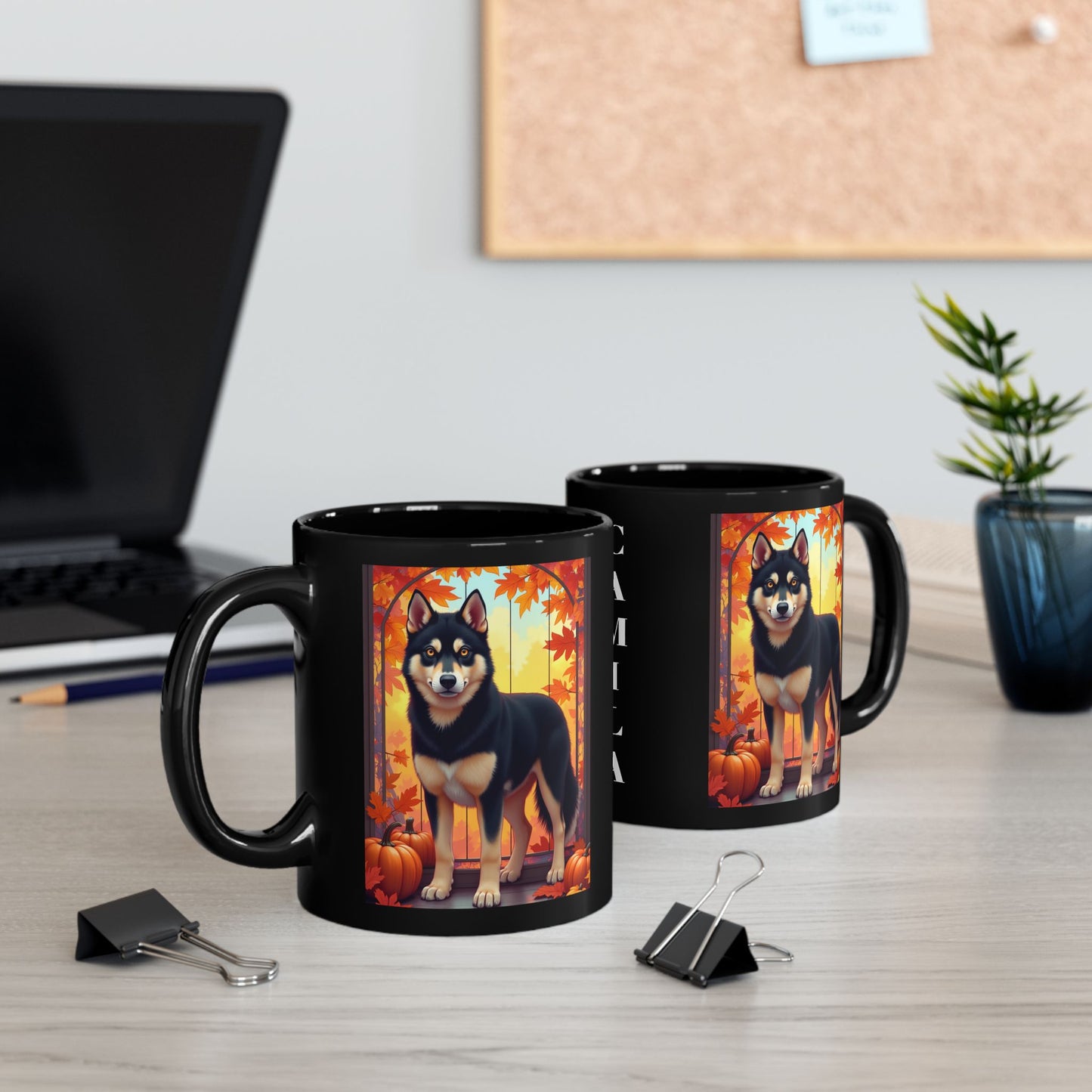 Black & Tan Husky (Amber Eyes) autumn coffee mug, personalized dog lover gift for fall and cozy drinks